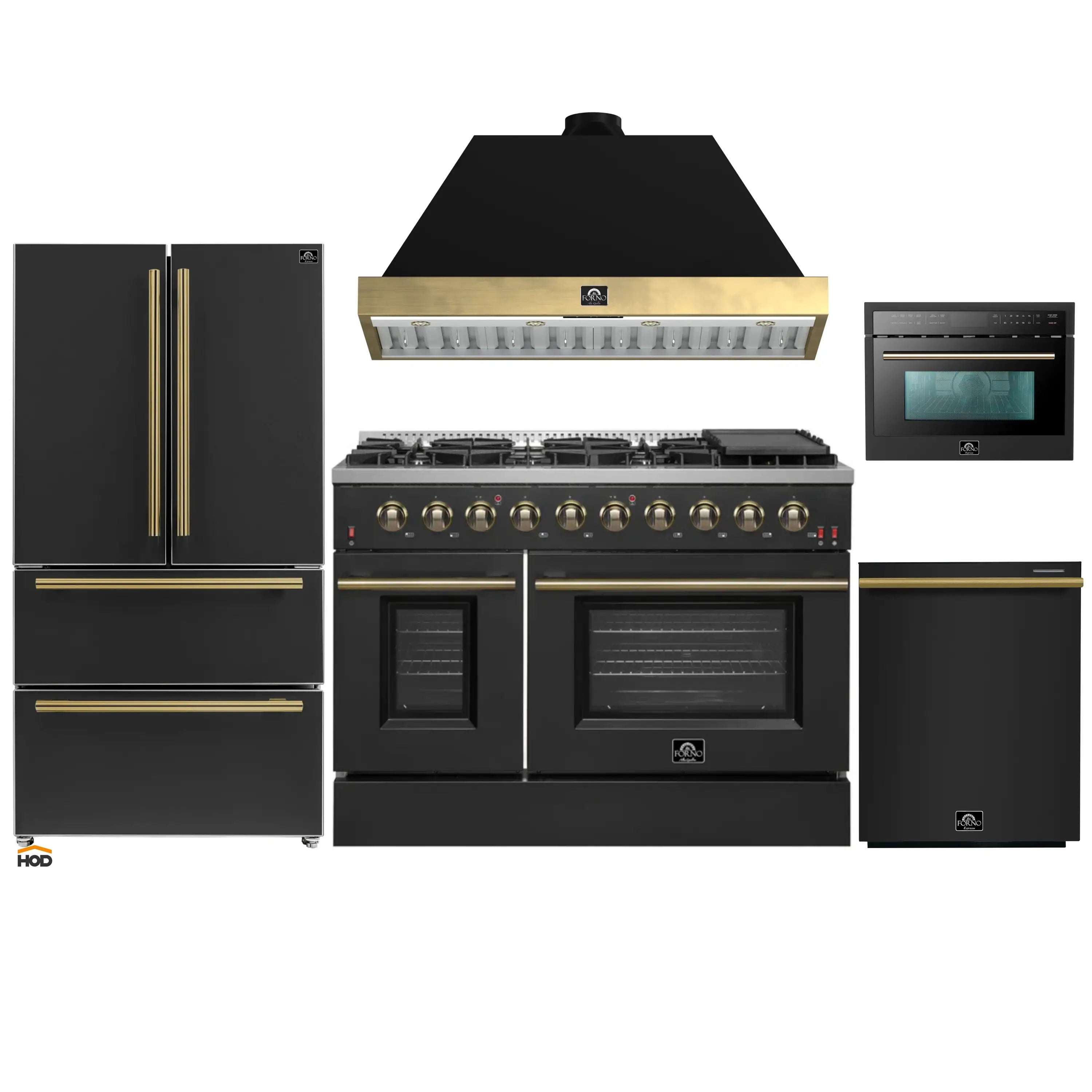 Black gas range with gold trim, front burners and oven doors in a set.
