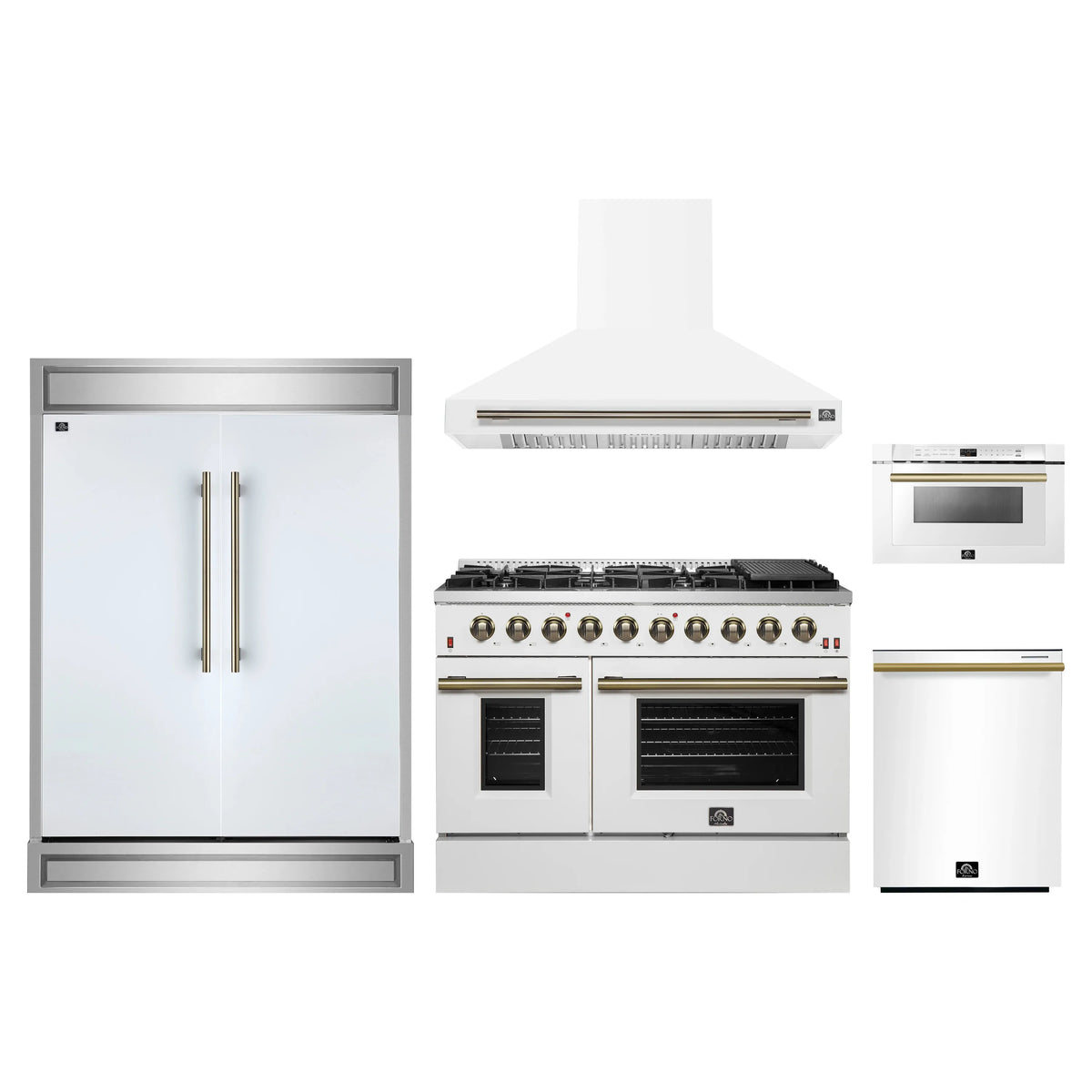 Forno 5-Piece Appliance Package - 48-Inch Gas Range, Wall Mount Range Hood, 60-Inch Refrigerator, Dishwasher, and 24-Inch Microwave Drawer in White with Antique Brass Trim