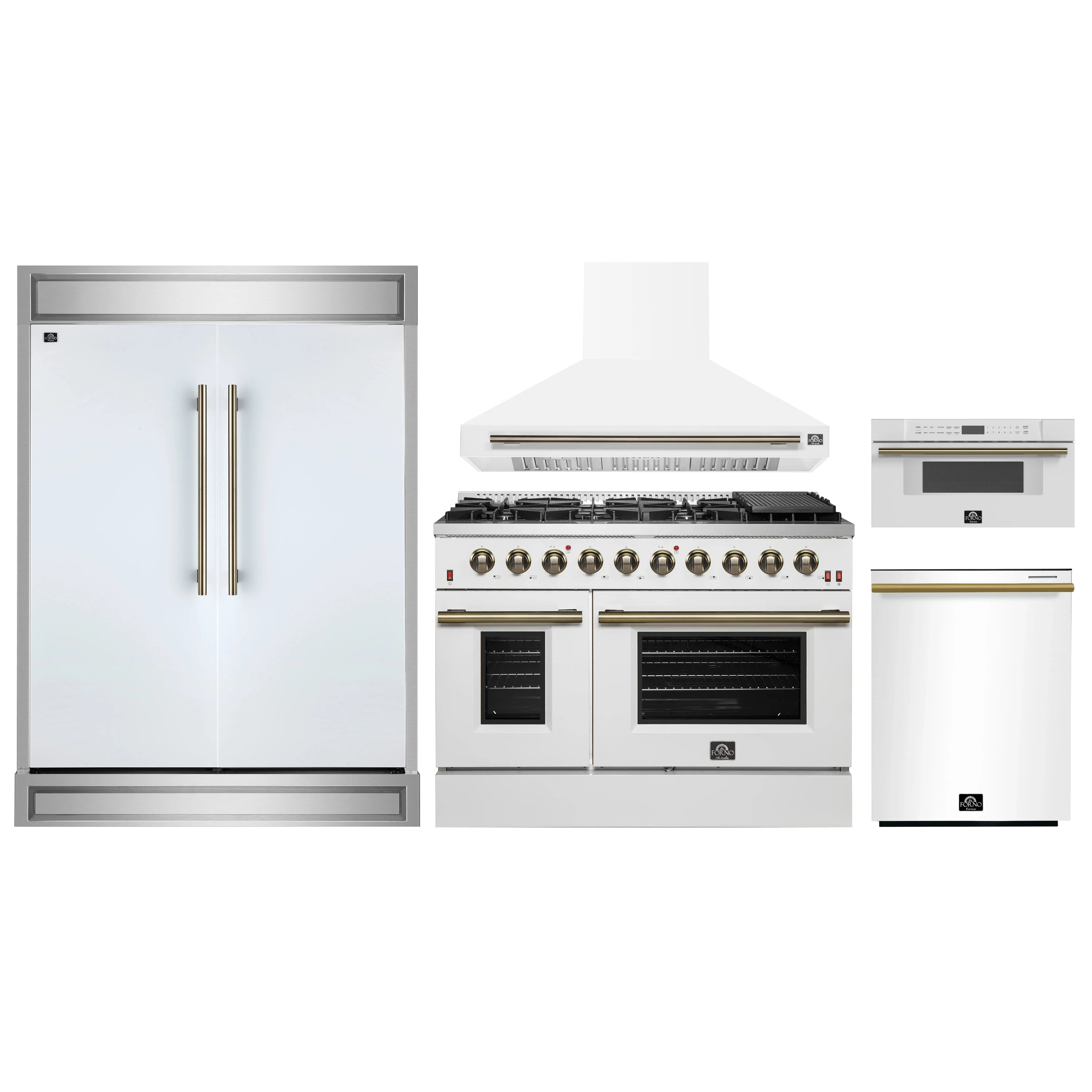 Forno 5-piece appliance package in white with brass handles