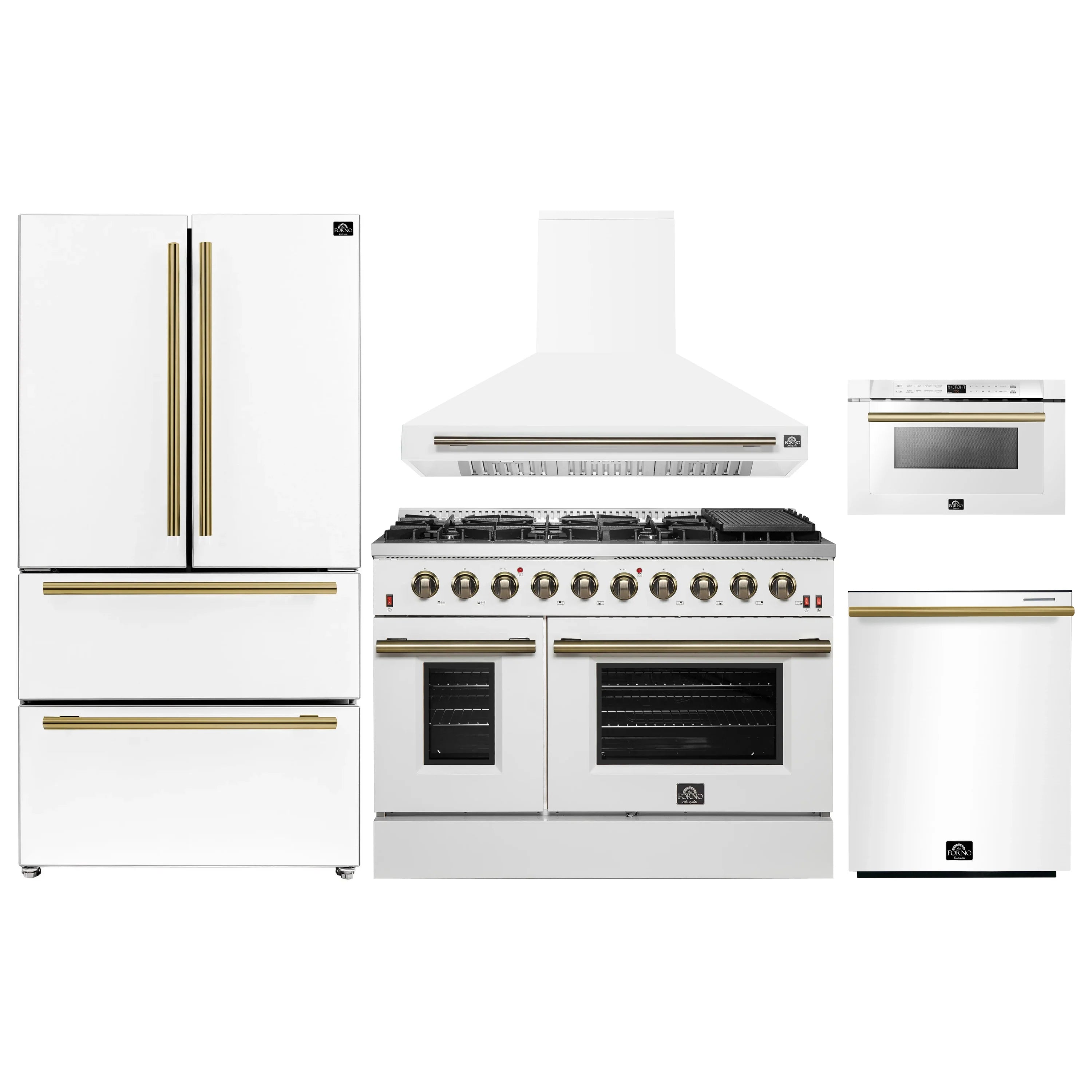 White kitchen appliance package with refrigerator, gas range, hood, dishwasher, and microwave