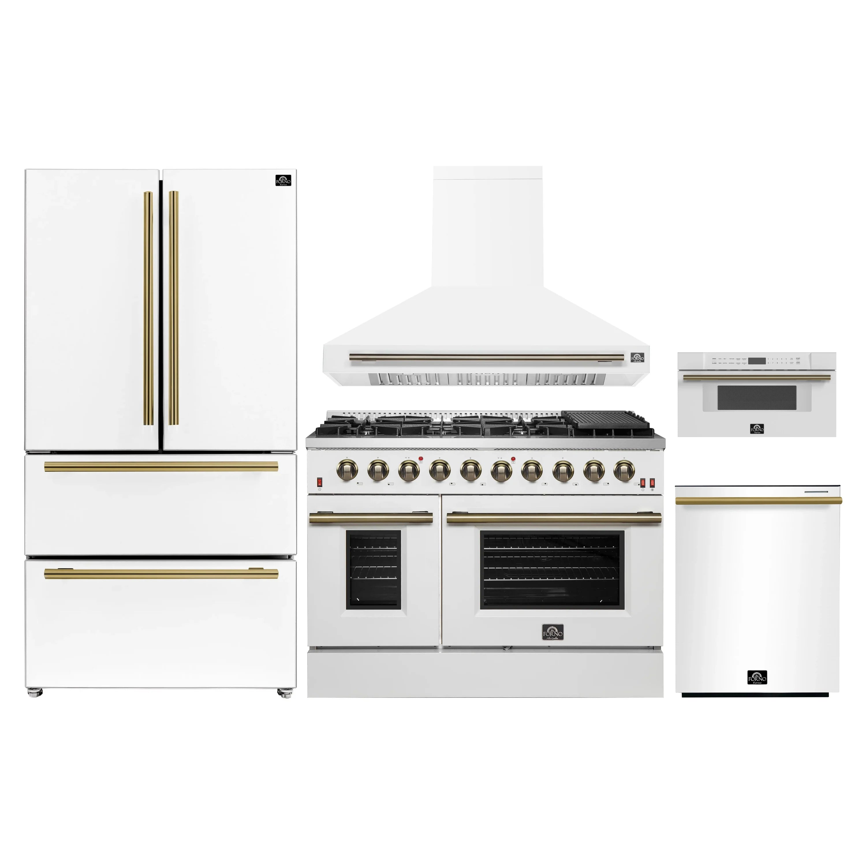 White appliance set with antique brass handles, gas range, and wall hood