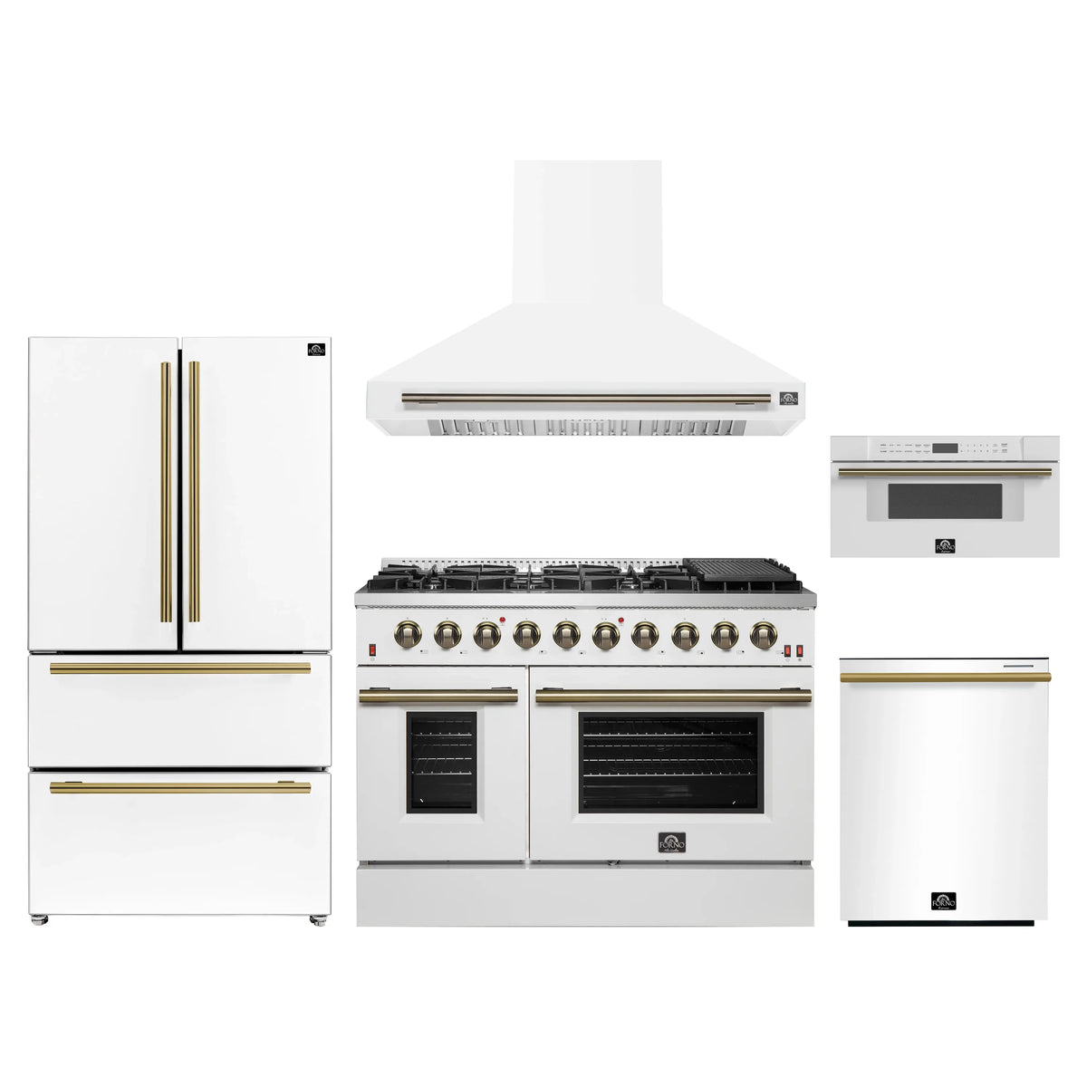 Forno 5-Piece Appliance Package - 48-Inch Gas Range, Wall Mount Range Hood, 36-Inch Refrigerator, Dishwasher, and 30-Inch Microwave Drawer in White with Antique Brass Trim