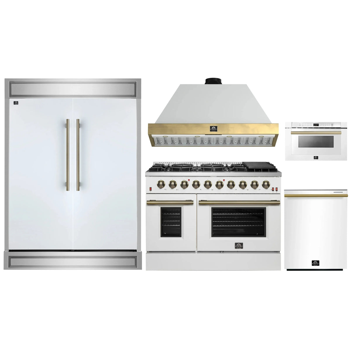 Forno 5-Piece Appliance Package - 48-Inch Gas Range, Wall Mount Range Hood, 60-Inch Refrigerator, Dishwasher, & 24-Inch Microwave Drawer in White with Antique Brass Trim