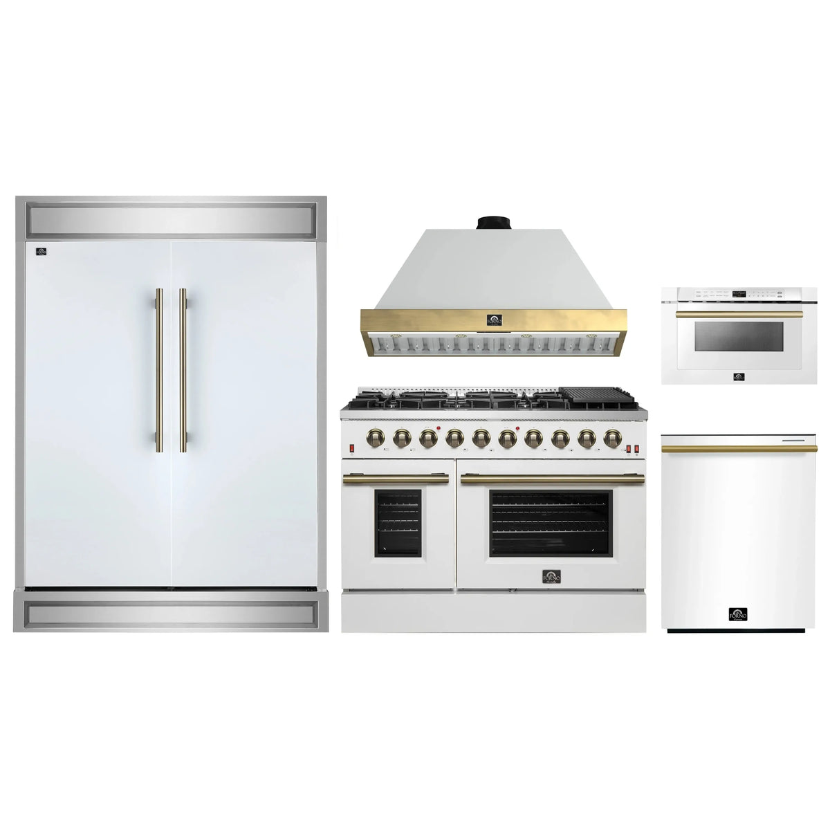 Forno 5-Piece Appliance Package - 48-Inch Galiano Gas Range, Wall Mount Range Hood, 60-Inch Refrigerator, Dishwasher, & 24-Inch Microwave Drawer in White with Antique Brass Trim