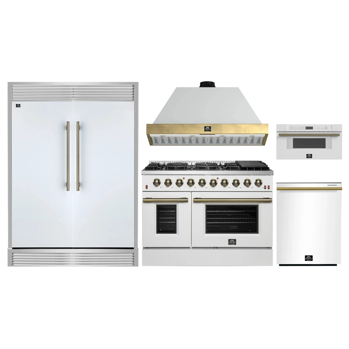 Forno 5-Piece Appliance Package - 48-Inch Galiano Gas Range, Wall Mount Range Hood, 60-Inch Refrigerator, Dishwasher, & 30-Inch Microwave Drawer in White with Antique Brass Trim