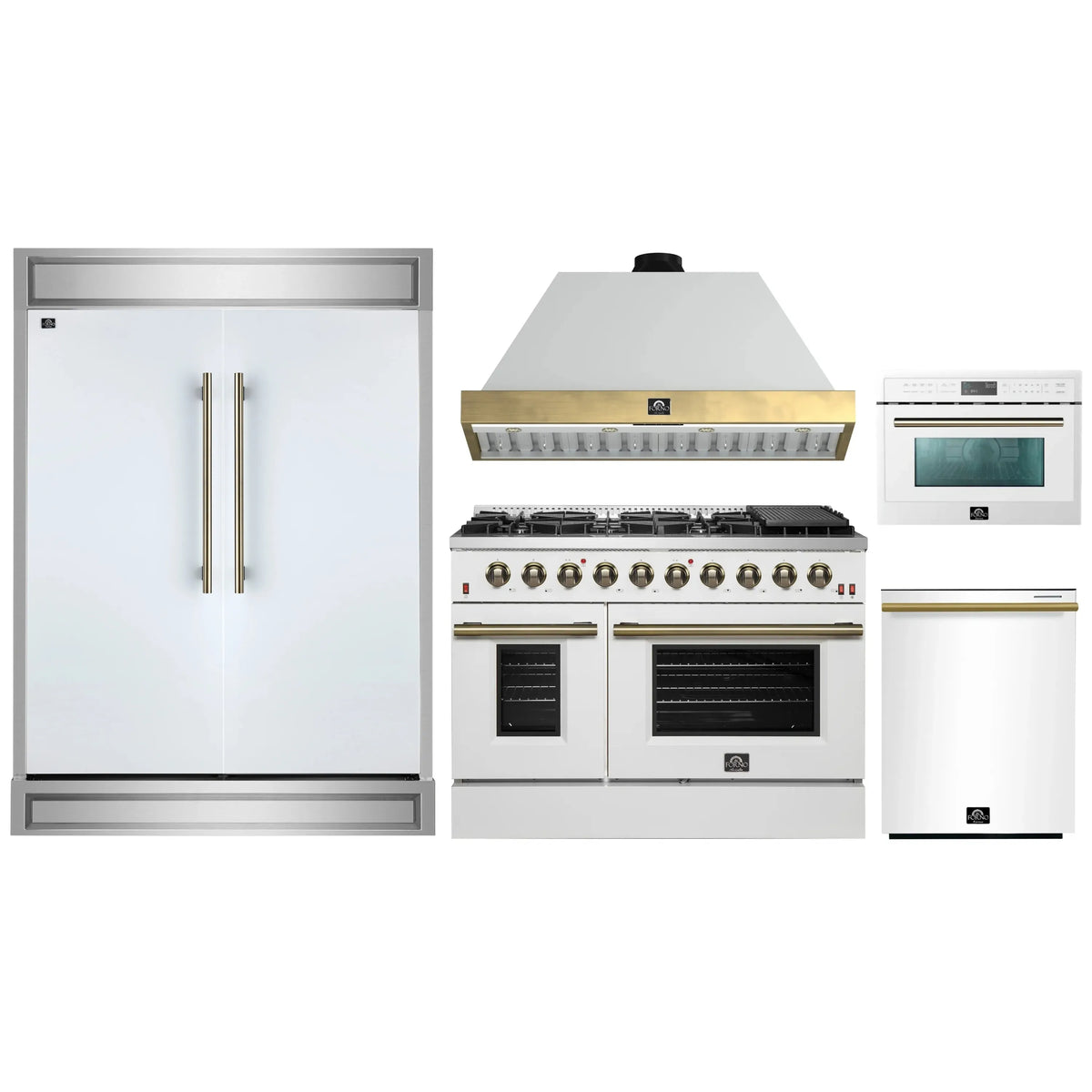 Forno 5-Piece Appliance Package - 48-Inch Gas Range, Wall Mount Range Hood, 60-Inch Refrigerator, Dishwasher, & 24-Inch Microwave Oven in White with Antique Brass Trim