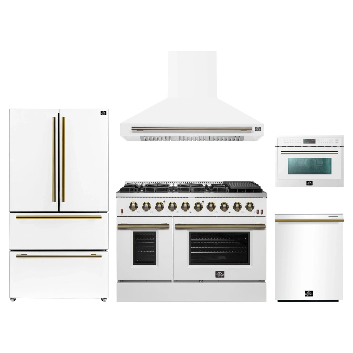 Forno Galiano 5-Piece Appliance Package - 48-Inch Gas Range, 48-Inch Hood, 36-Inch Refrigerator, 24-Inch Dishwasher, & 24-Inch Microwave Oven in White with Antique Brass Trim
