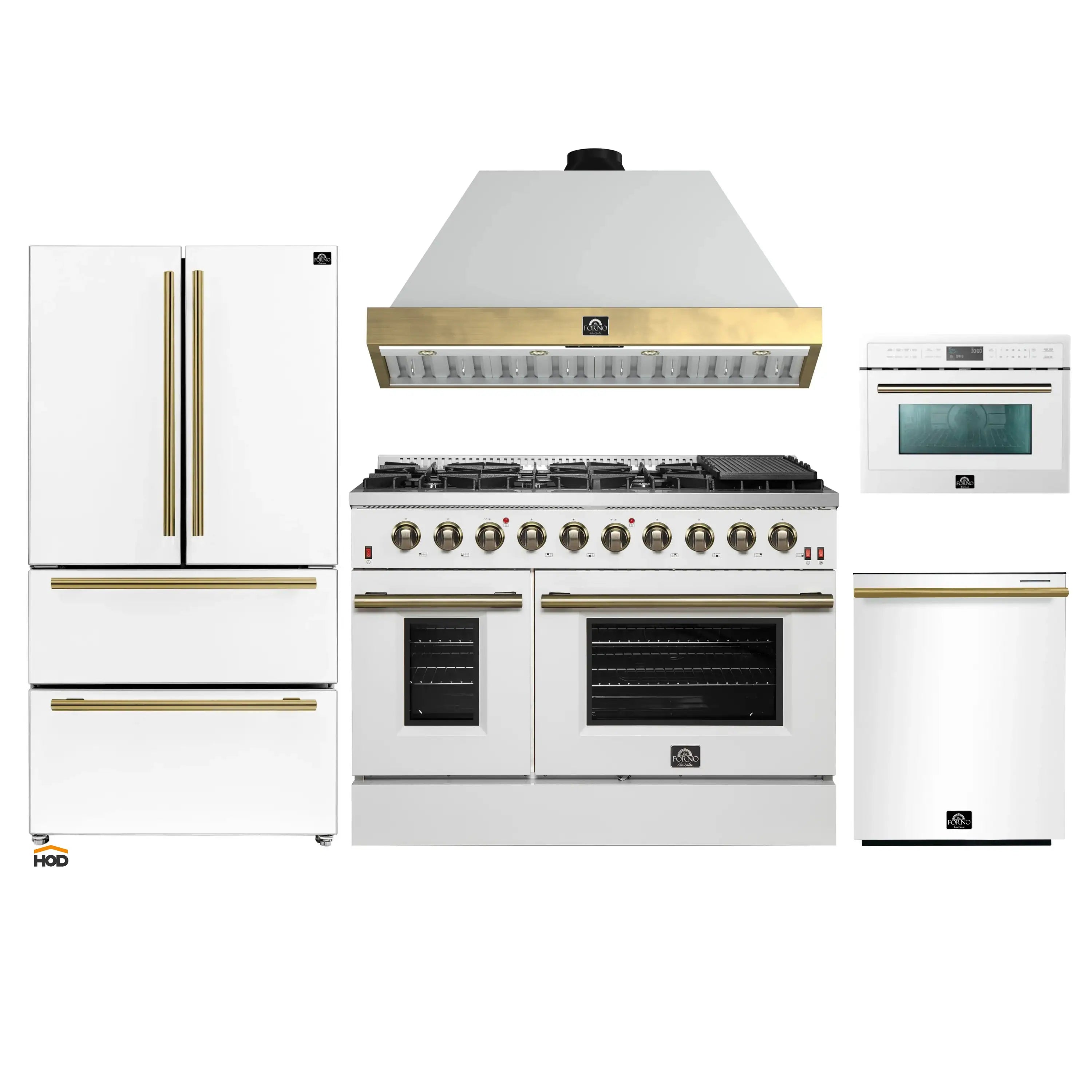 White kitchen appliance set with gas range, hood, refrigerator, dishwasher, and microwave