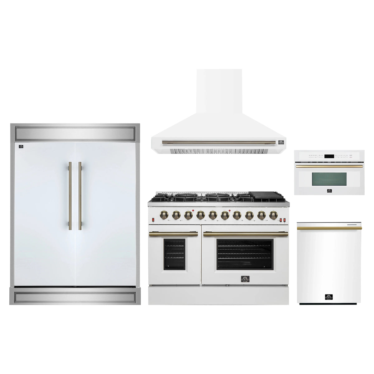 Forno 5-Piece Appliance Package - 48-Inch Gas Range, Wall Mount Range Hood, 60-Inch Refrigerator, Dishwasher, & 30-Inch Microwave Oven in White with Antique Brass Trim