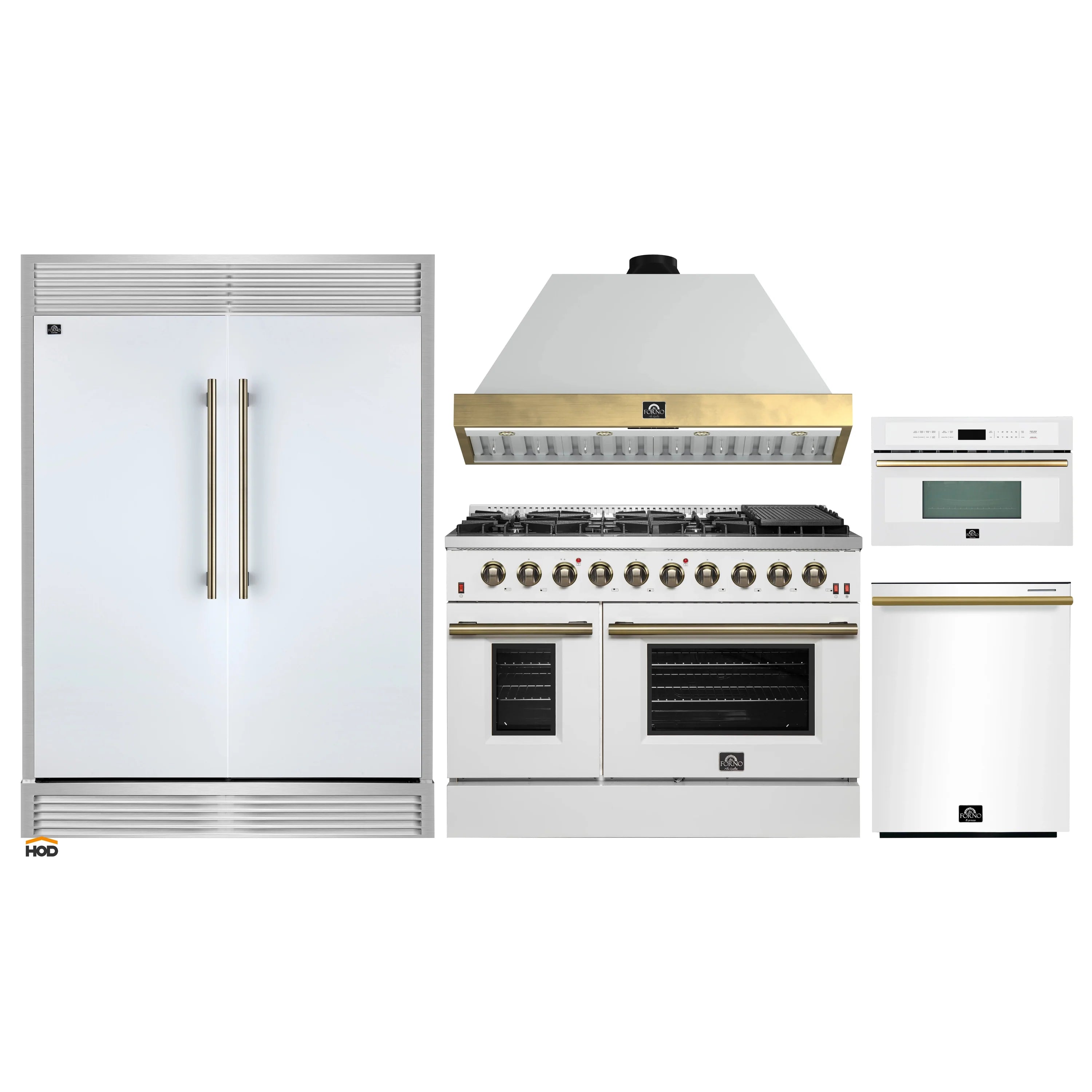 White kitchen appliance set: refrigerator, gas range, and microwave
