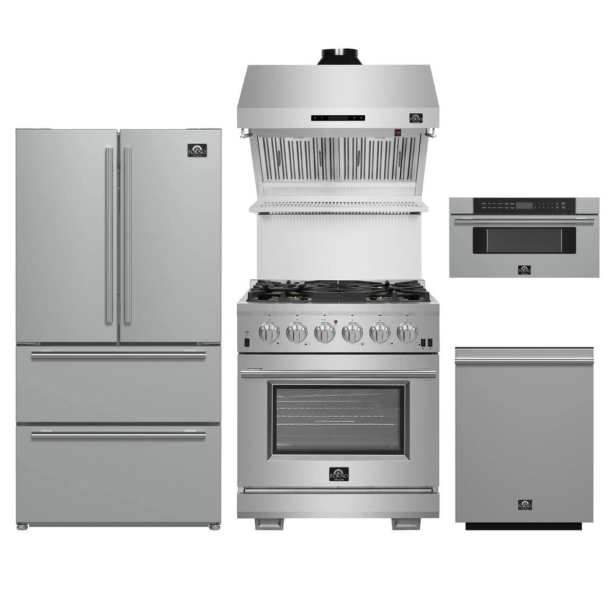 Forno 5-Piece Pro Appliance Package - 30-Inch Gas Range, Refrigerator, Wall Mount Hood with Backsplash, 30-Inch Microwave Drawer, & 3-Rack Dishwasher in Stainless Steel