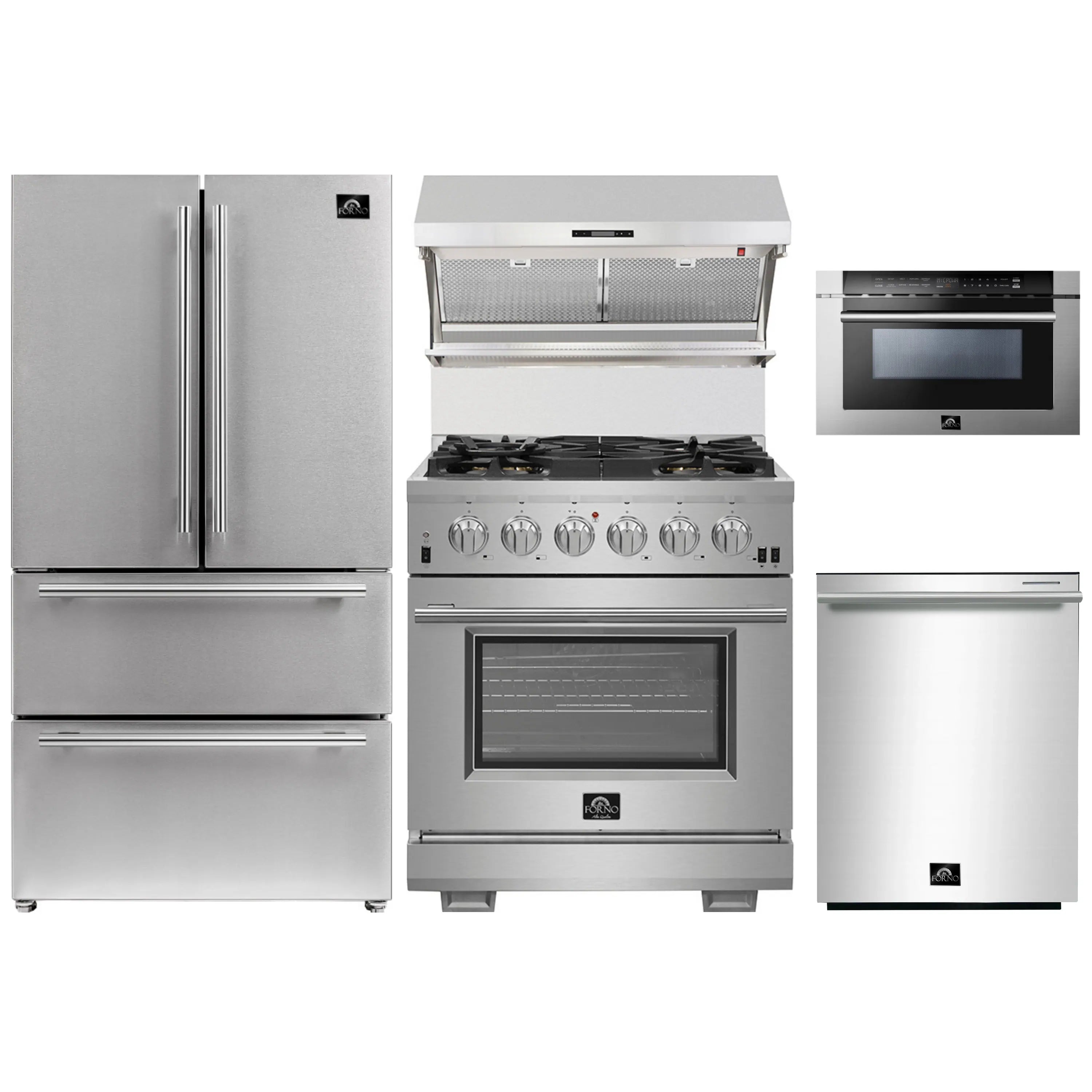 Stainless steel 5-piece kitchen appliance package with fridge, gas range, microwave drawer