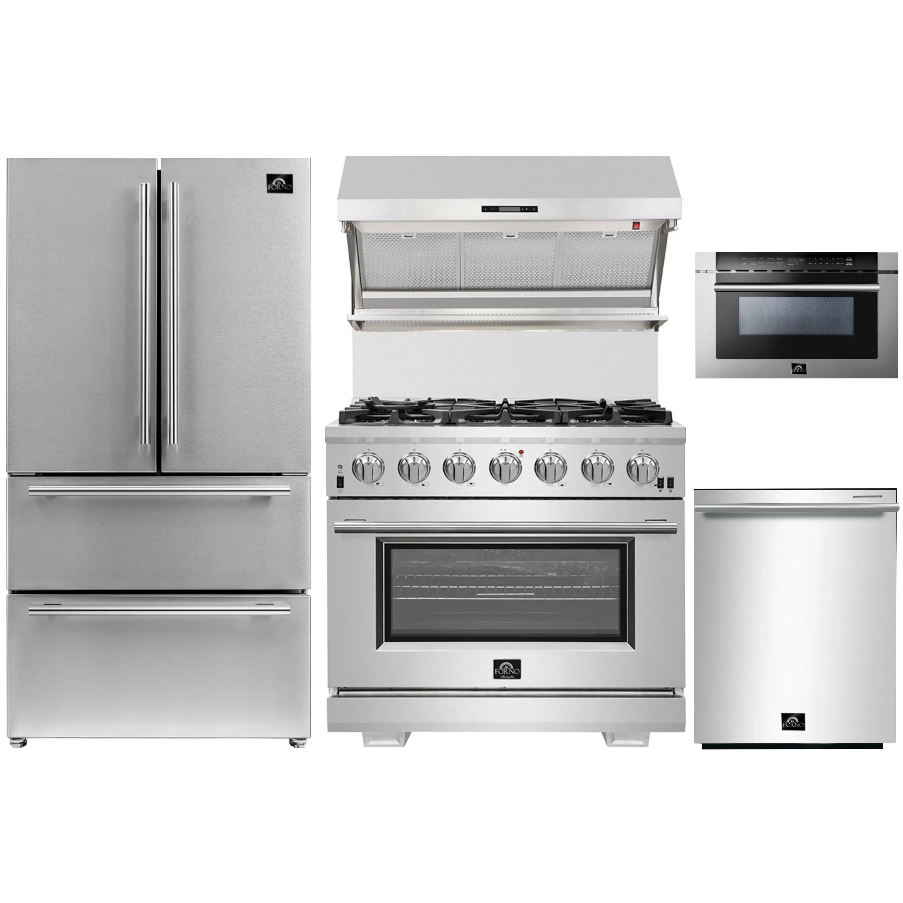 Stainless steel kitchen appliance package with refrigerator, gas range, hood, microwave, and dishwasher