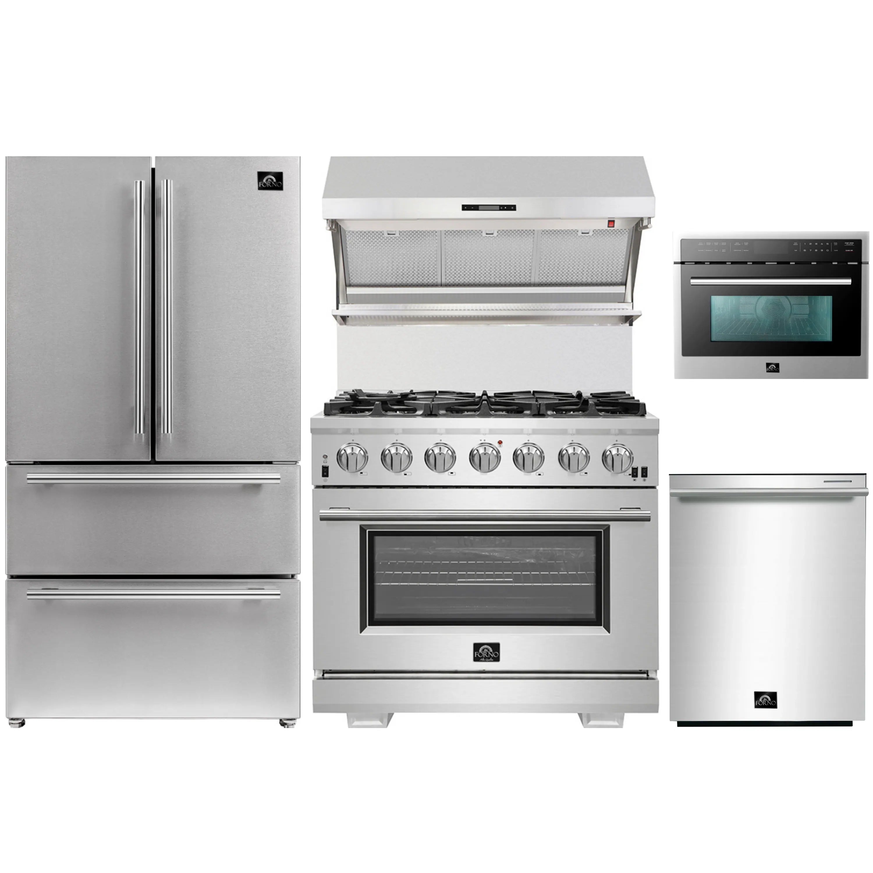 Stainless steel kitchen appliance package with refrigerator, gas range, microwave, dishwasher