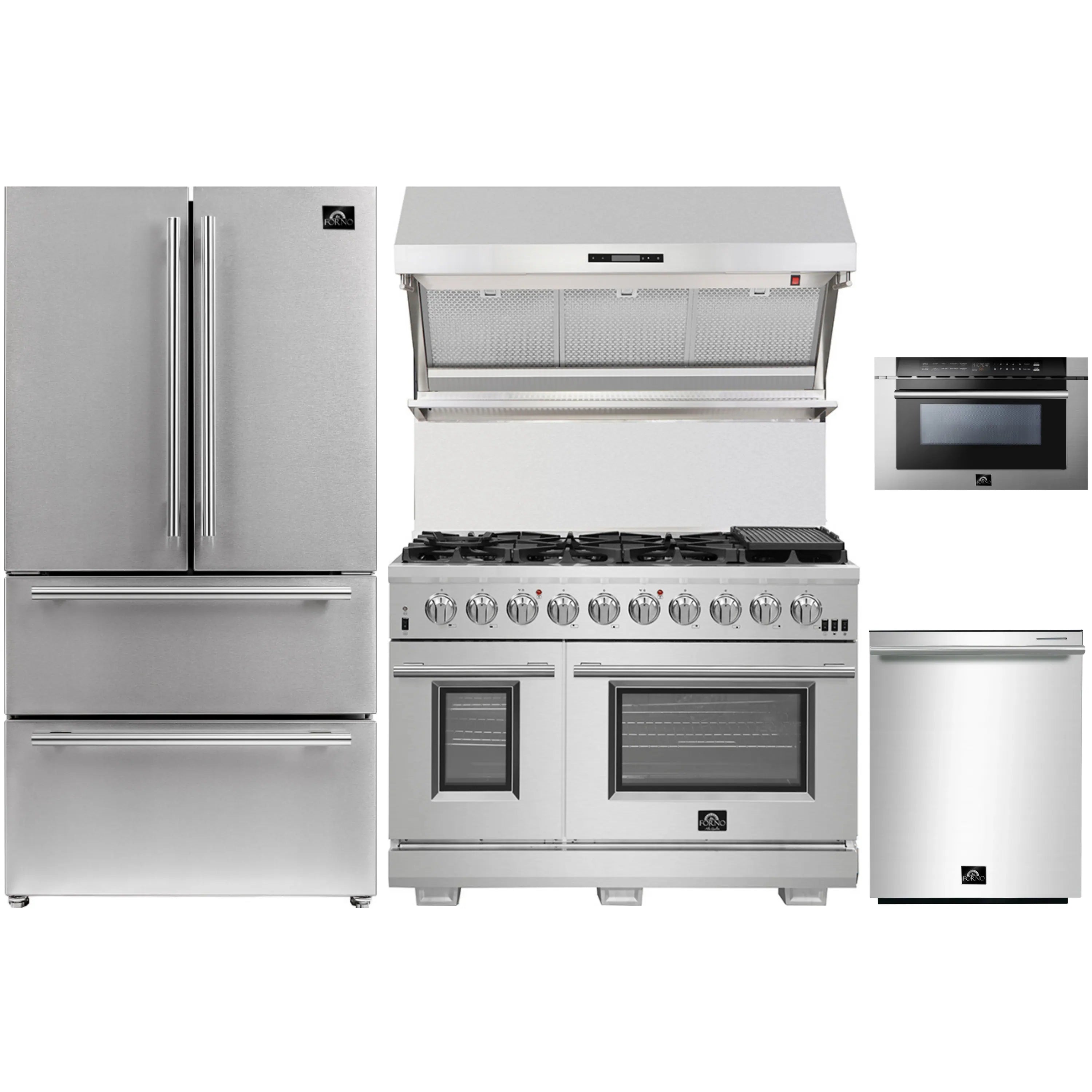 Stainless steel appliance package with refrigerator and gas range, microwave drawer, dishwasher