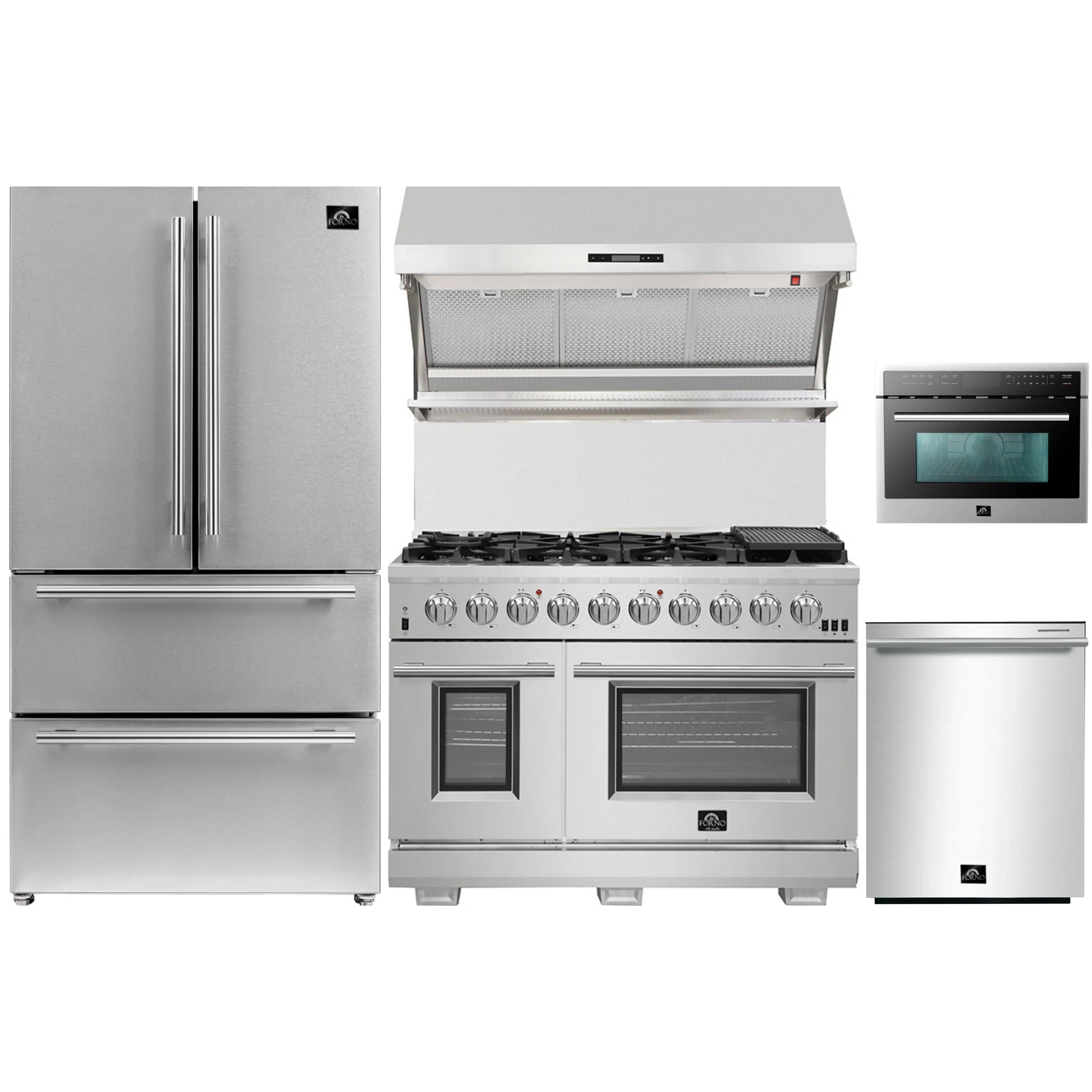 Stainless steel kitchen appliance set with refrigerator, gas range, and microwave