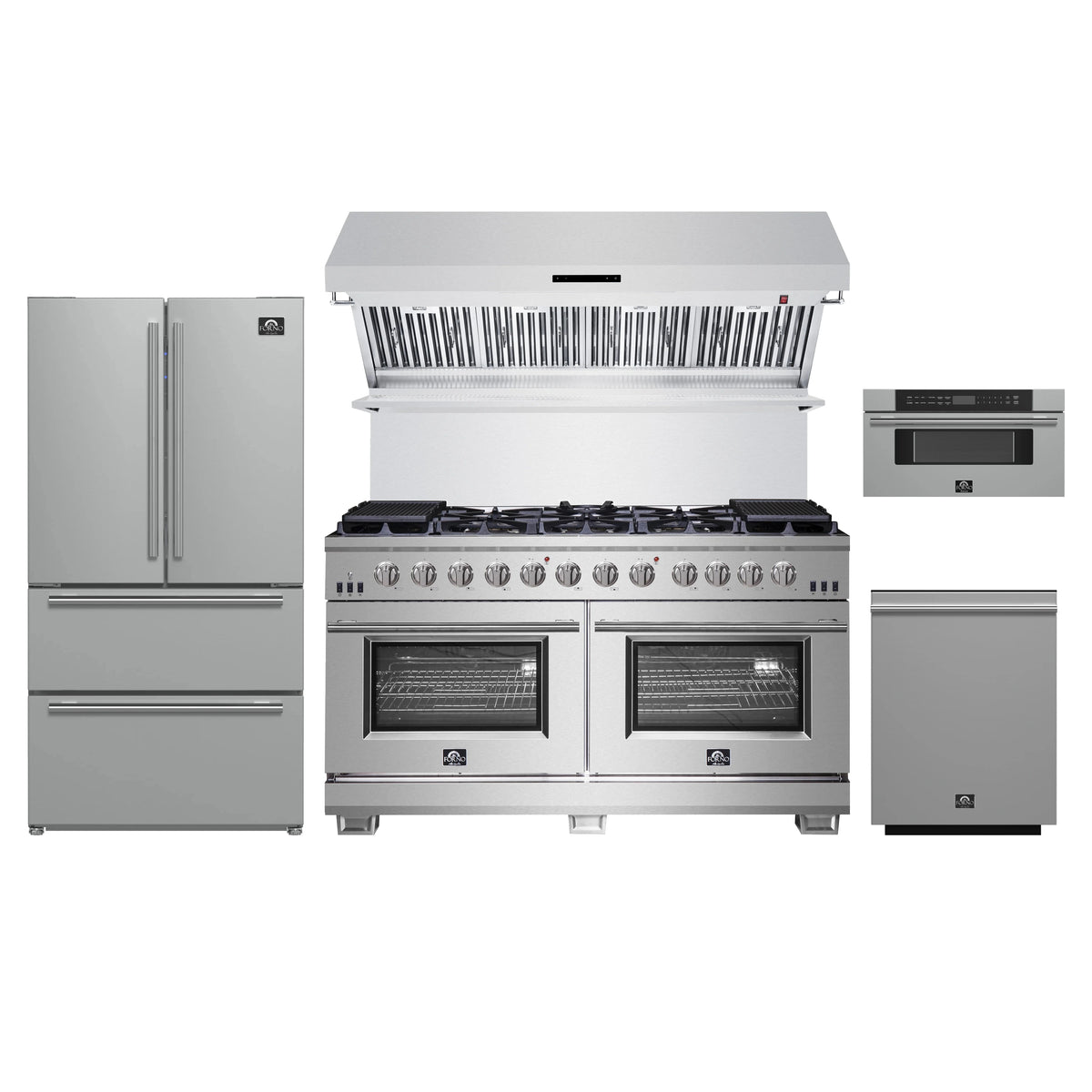 Forno 5-Piece Pro Appliance Package - 60-Inch Gas Range, Refrigerator, Wall Mount Hood with Backsplash, 30-Inch Microwave Drawer, & 3-Rack Dishwasher in Stainless Steel
