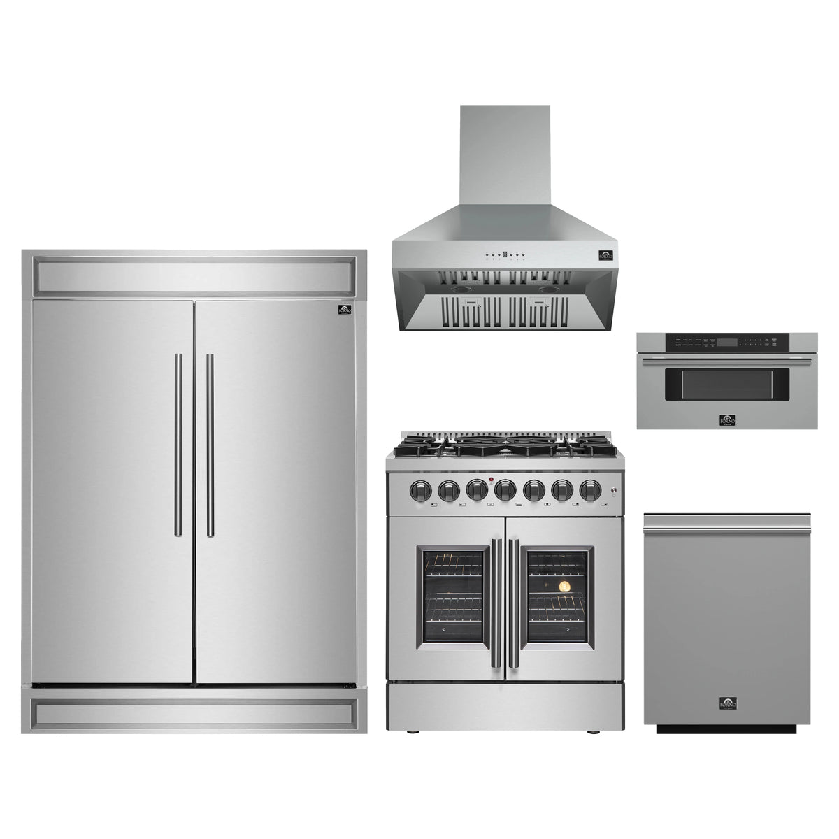 Forno 5-Piece Appliance Package - 30-Inch Galiano French Door Dual Fuel Range, Wall Mount Range Hood, 60-Inch Refrigerator, Dishwasher, and 30-Inch Microwave Drawer in Stainless Steel