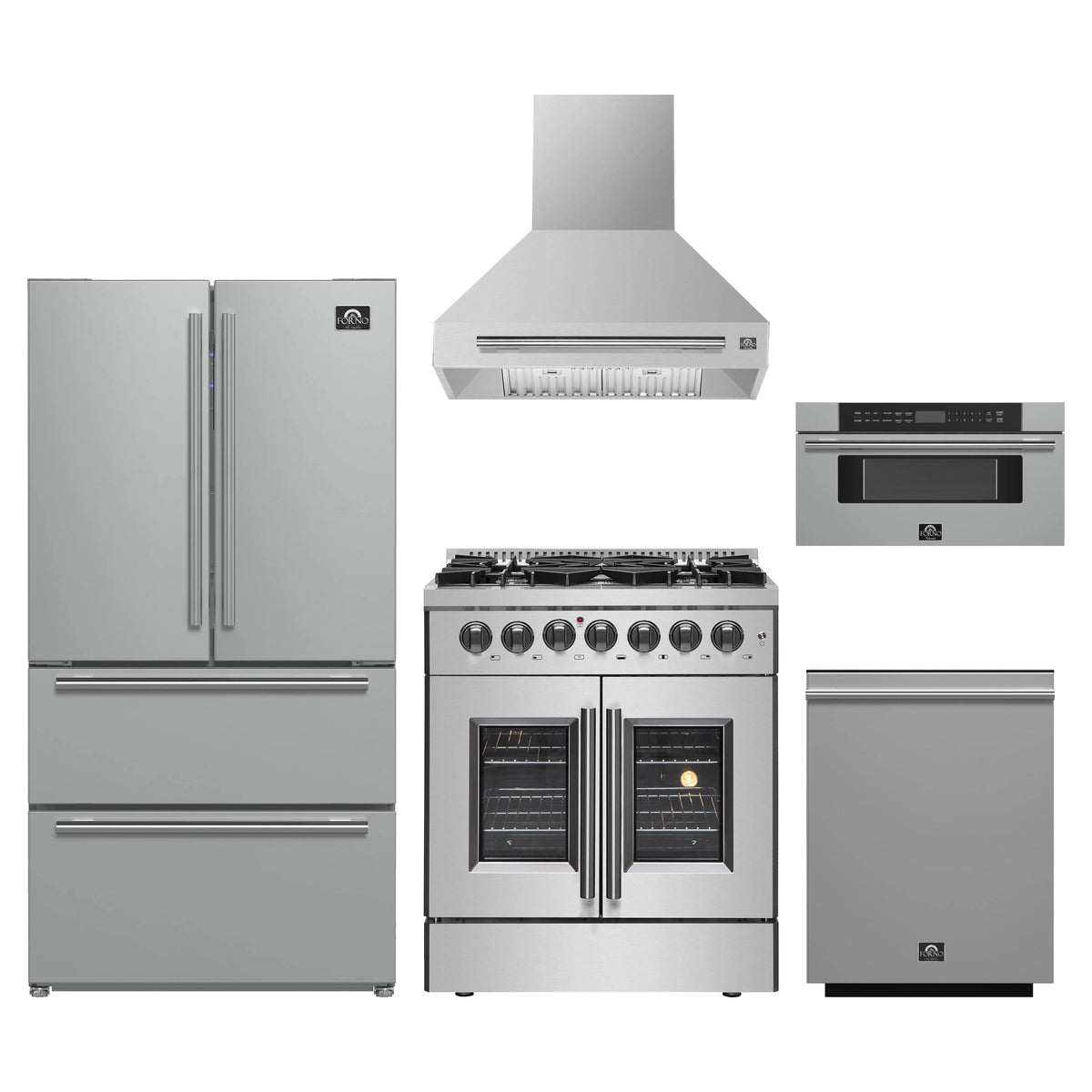 Forno 5-Piece Appliance Package - 30-Inch Galiano French Door Dual Fuel Range, Wall Mount Range Hood, 36-Inch Refrigerator, Dishwasher, and 30-Inch Microwave Drawer in Stainless Steel