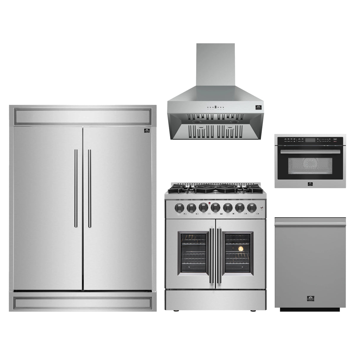 Forno 5-Piece Appliance Package - 30-Inch Galiano French Door Dual Fuel Range, Wall Mount Range Hood, 60-Inch Refrigerator, Dishwasher, and 24-Inch Microwave Oven in Stainless Steel