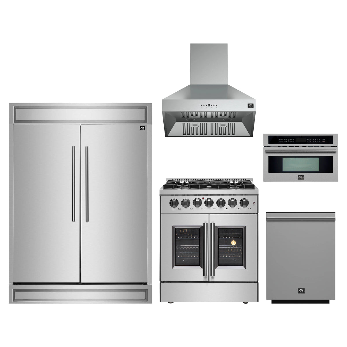 Forno 5-Piece Appliance Package - 30-Inch Galiano French Door Dual Fuel Range, Wall Mount Range Hood, 60-Inch Refrigerator, Dishwasher, and 30-Inch Microwave Oven in Stainless Steel
