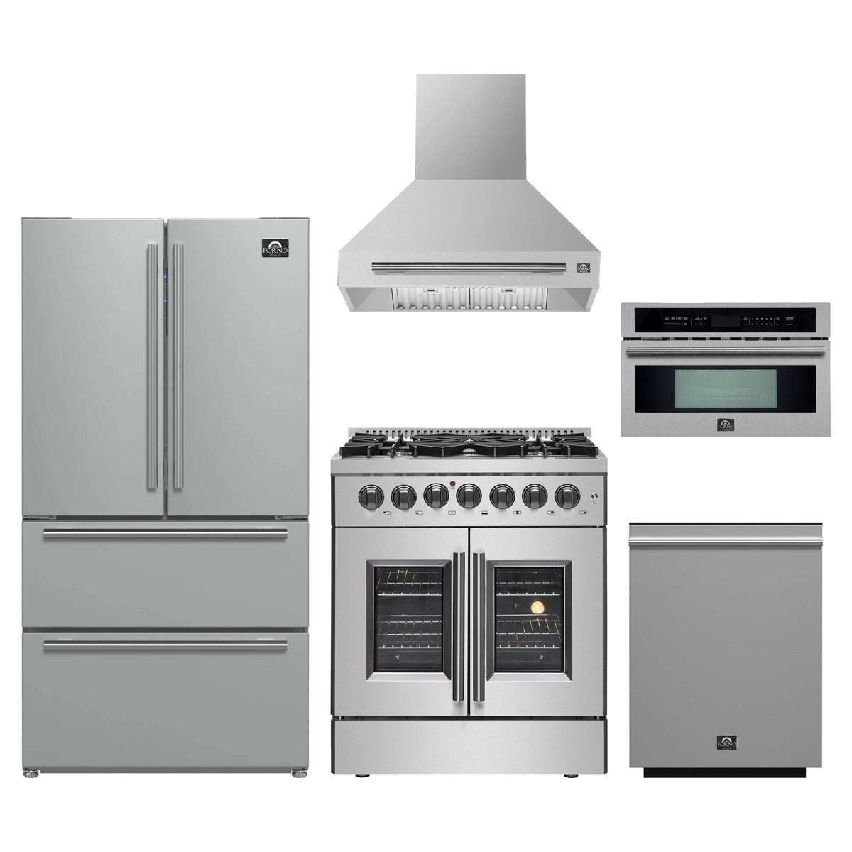 Forno 5-Piece Appliance Package - 30-Inch Galiano French Door Dual Fuel Range, Wall Mount Range Hood, 36-Inch Refrigerator, Dishwasher, and 30-Inch Microwave Oven in Stainless Steel