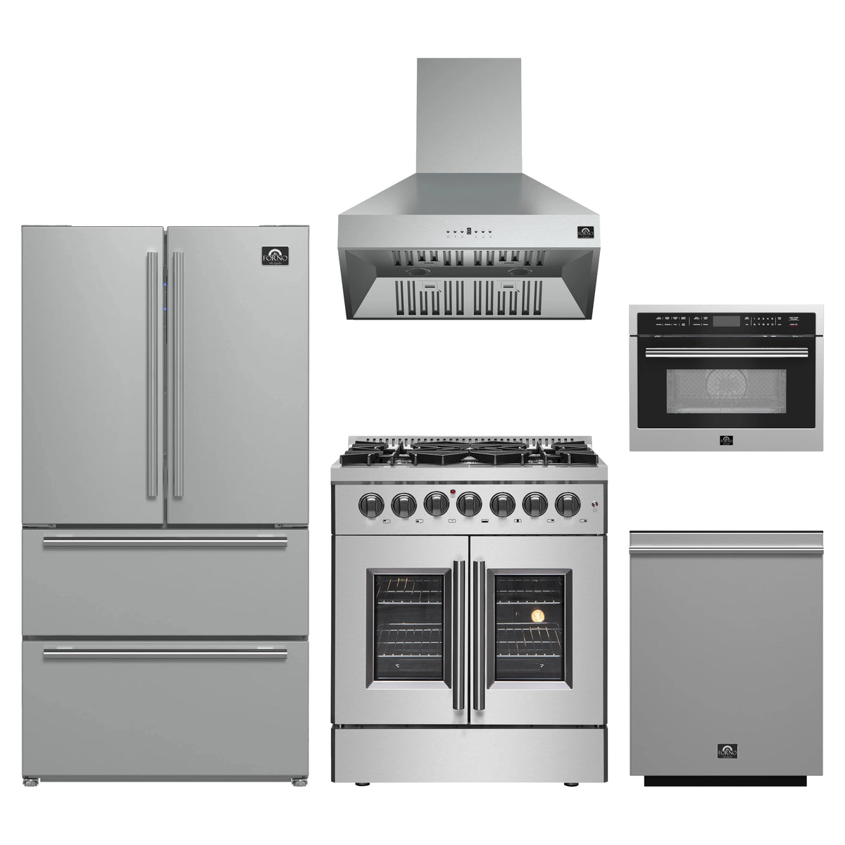 Forno 5-Piece Appliance Package - 30-Inch Galiano French Door Dual Fuel Range, Wall Mount Range Hood, 36-Inch Refrigerator, Dishwasher, and 24-Inch Microwave Oven in Stainless Steel