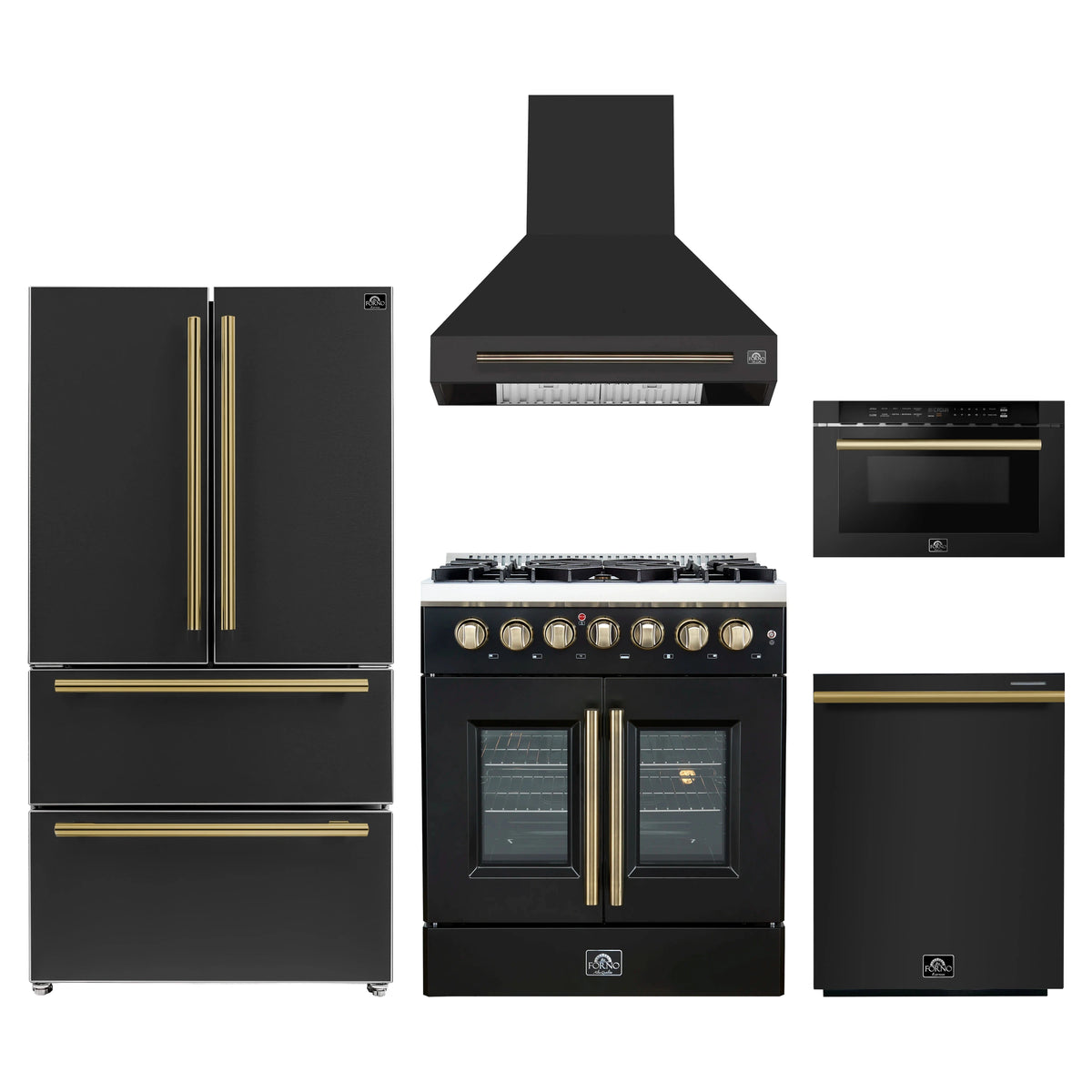 Forno 5-Piece Appliance Package - 30-Inch Galiano French Door Dual Fuel Range, Wall Mount Range Hood, 36-Inch Refrigerator, Dishwasher, and 24-Inch Microwave Drawer in Black with Antique Brass Trim