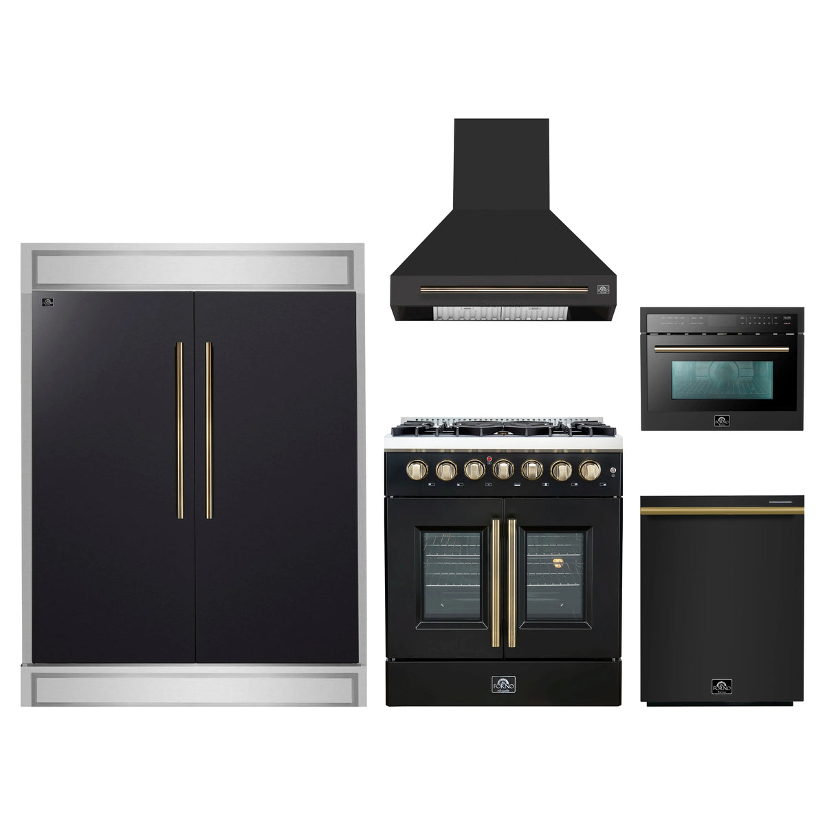 Forno 5-Piece Appliance Package - 30-Inch Galiano French Door Dual Fuel Range, Wall Mount Range Hood, 60-Inch Refrigerator, Dishwasher, and 24-Inch Microwave Oven in Black with Antique Brass Trim
