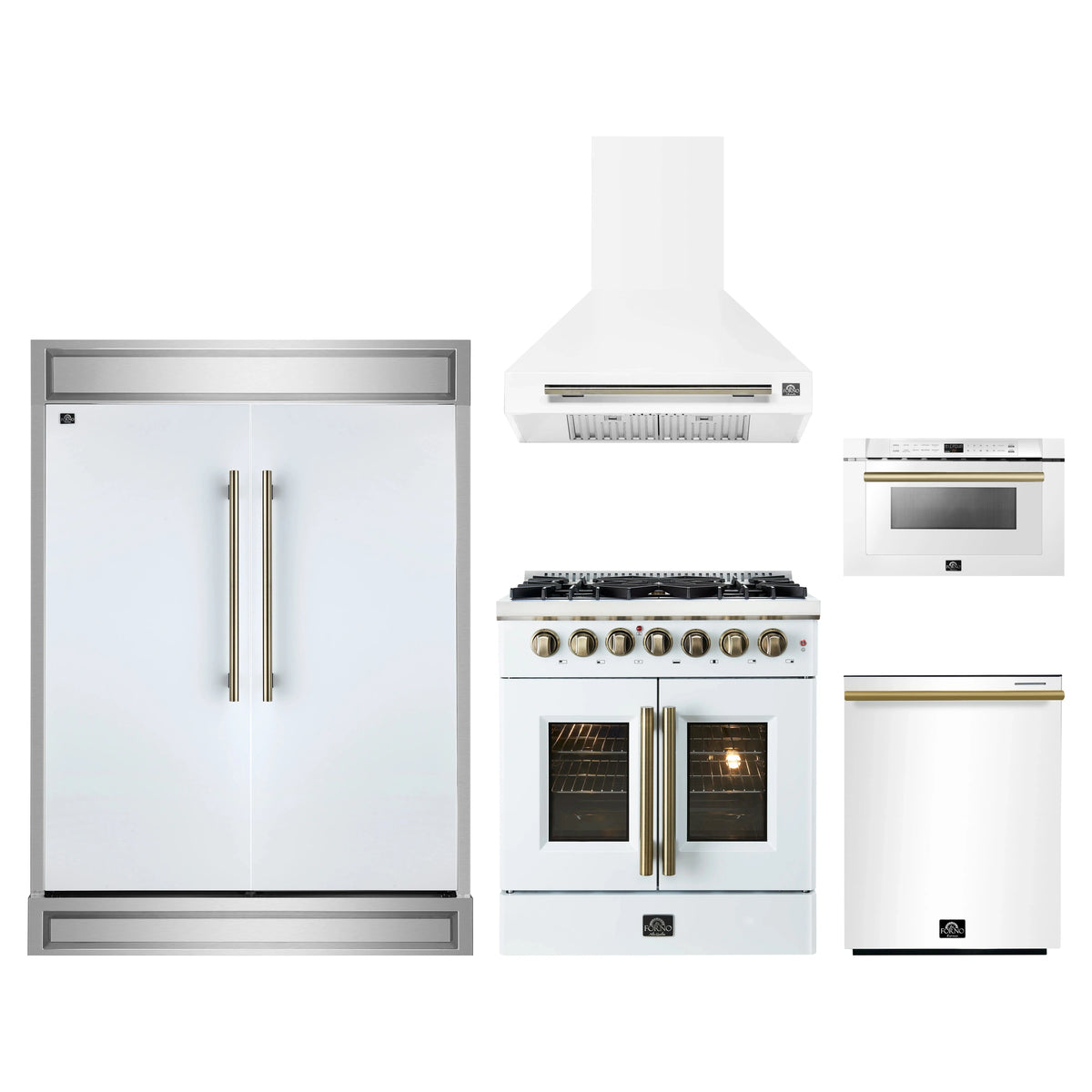 Forno 5-Piece Appliance Package - 30-Inch Galiano French Door Dual Fuel Range, Wall Mount Range Hood, 60-Inch Refrigerator, Dishwasher, and 24-Inch Microwave Drawer in White with Antique Brass Trim