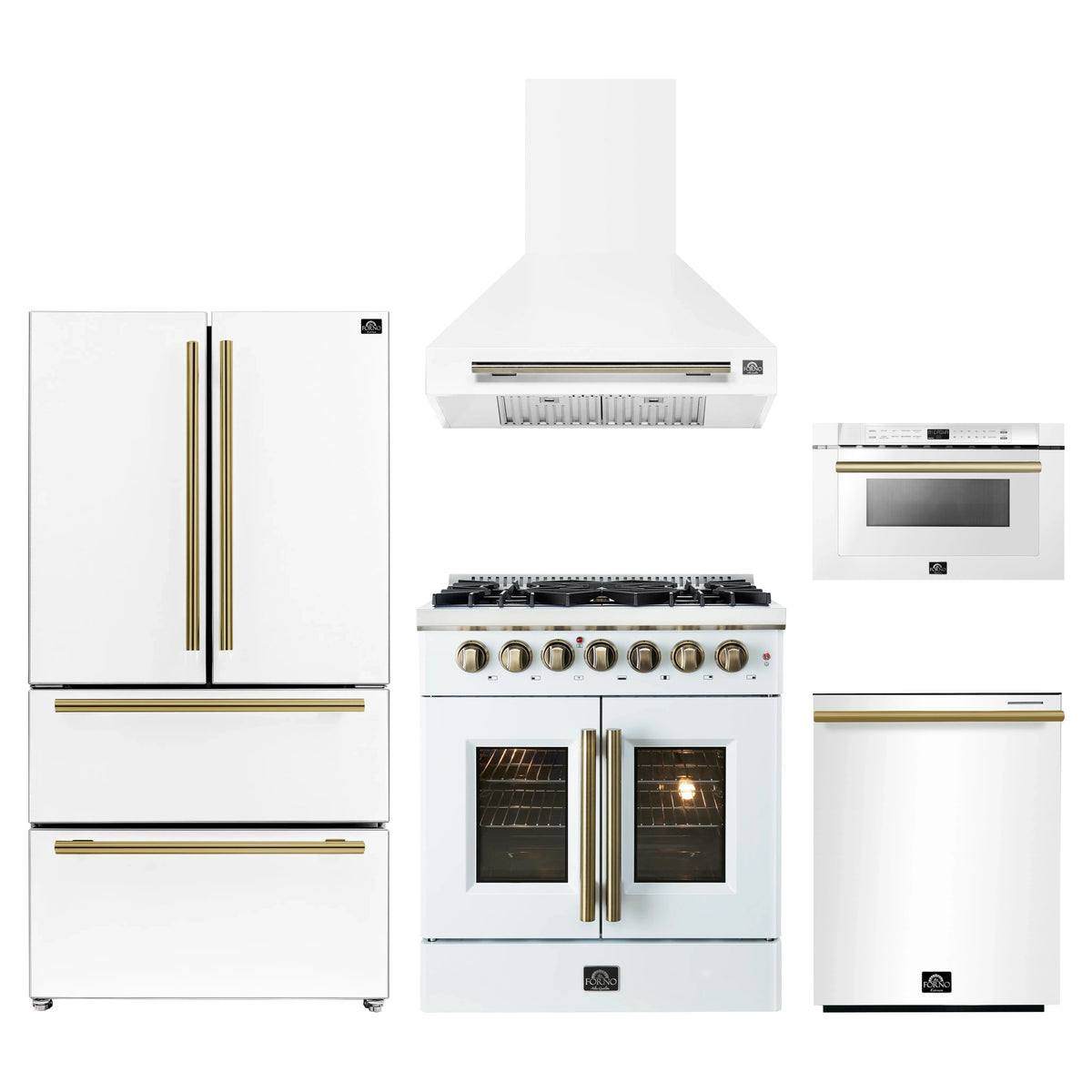 Forno 5-Piece Appliance Package - 30-Inch Galiano French Door Dual Fuel Range, Wall Mount Range Hood, 36-Inch Refrigerator, Dishwasher, and 24-Inch Microwave Drawer in White with Antique Brass Trim