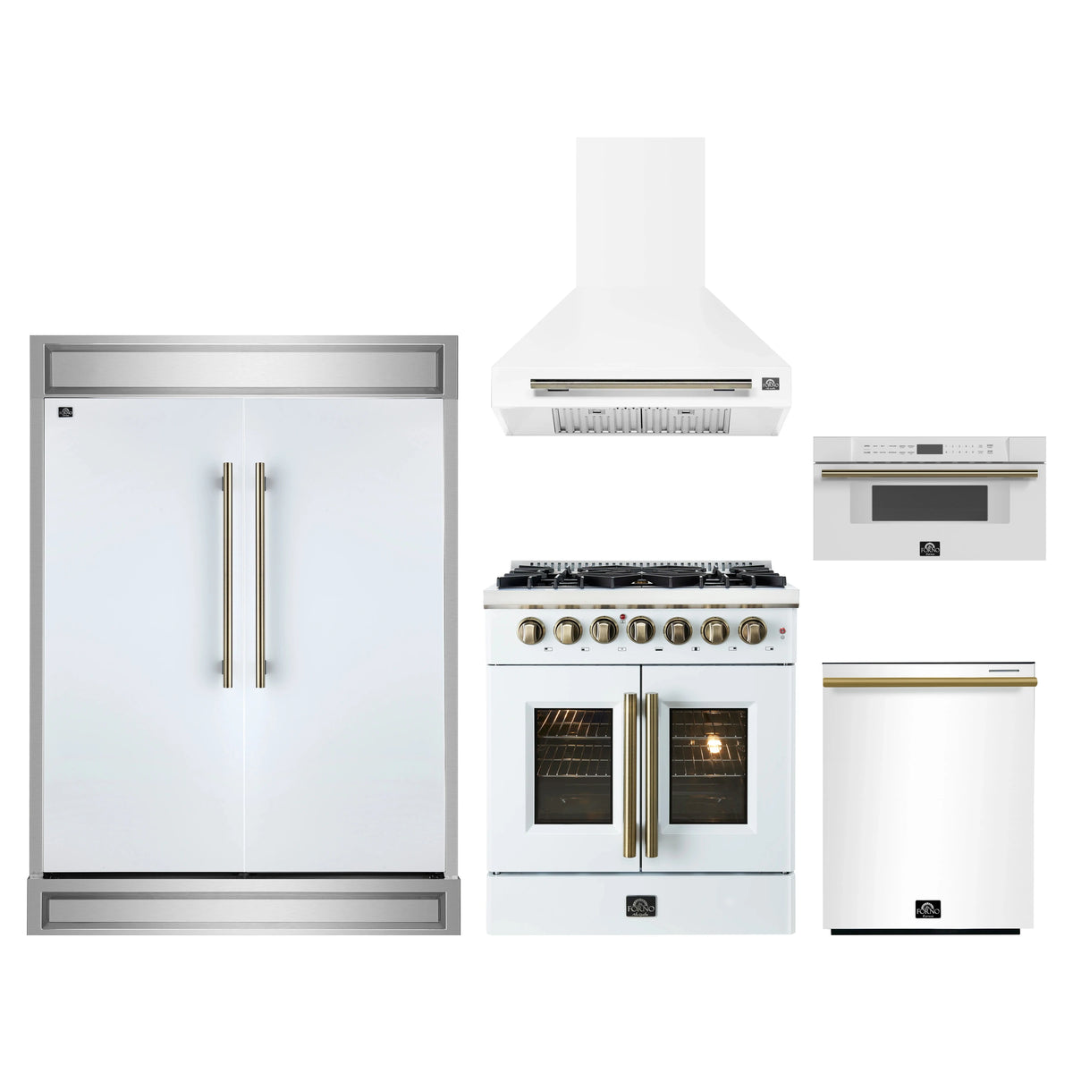 Forno 5-Piece Appliance Package - 30-Inch Galiano French Door Dual Fuel Range, Wall Mount Range Hood, 60-Inch Refrigerator, Dishwasher, and 30-Inch Microwave Drawer in White with Antique Brass Trim