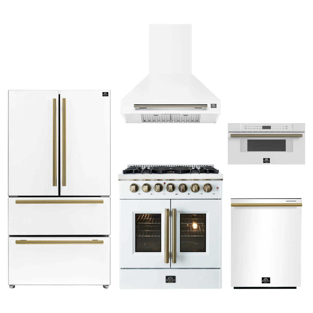 Forno 5-Piece Appliance Package - 30-Inch Galiano French Door Dual Fuel Range, Wall Mount Range Hood, 36-Inch Refrigerator, Dishwasher, and 30-Inch Microwave Drawer in White with Antique Brass Trim