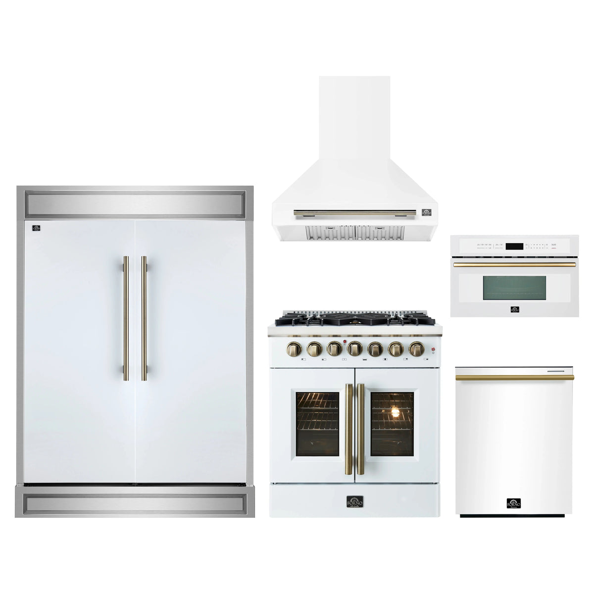 Forno 5-Piece Appliance Package - 30-Inch Galiano French Door Dual Fuel Range, Wall Mount Range Hood, 60-Inch Refrigerator, Dishwasher, and 30-Inch Microwave Oven in White with Antique Brass Trim