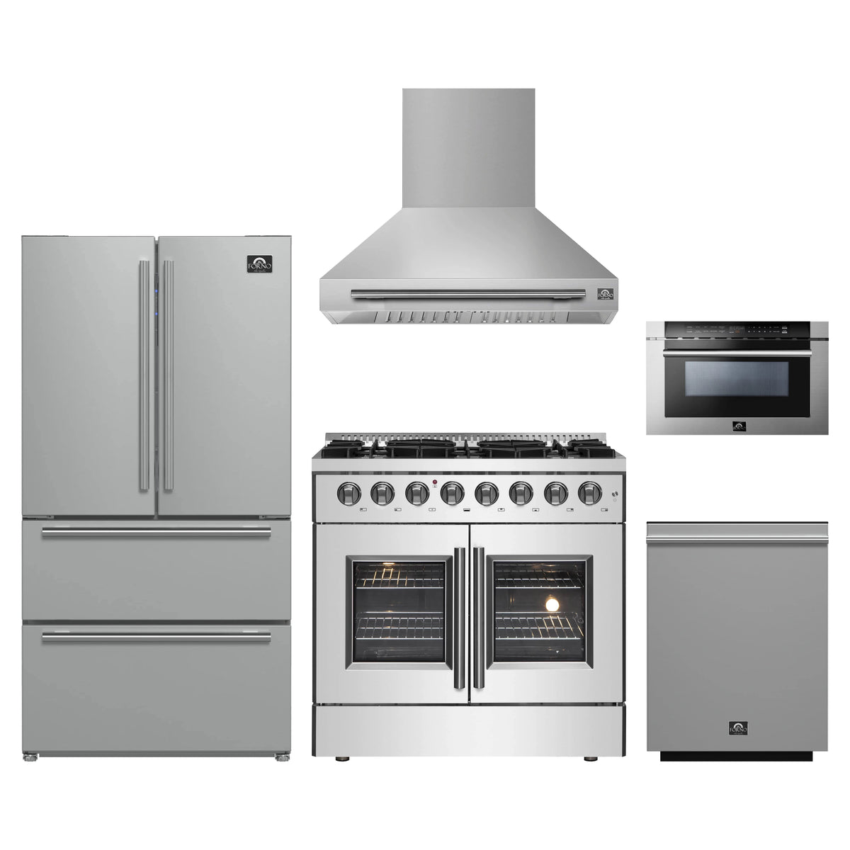 Forno 5-Piece Appliance Package - 36-Inch Galiano French Door Dual Fuel Range, Wall Mount Range Hood, 36-Inch Refrigerator, Dishwasher, and 24-Inch Microwave Drawer in Stainless Steel