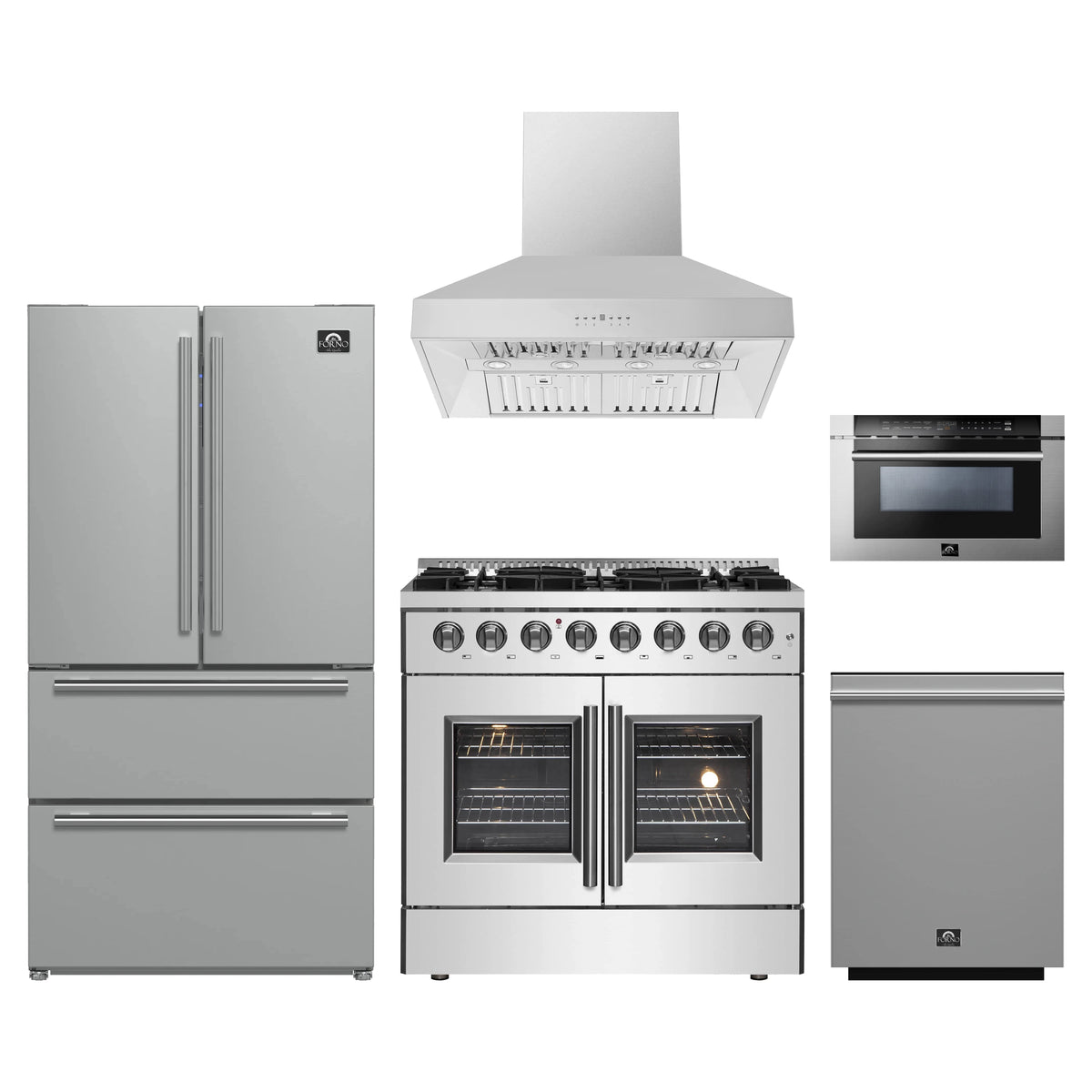 Forno 5-Piece Appliance Package - 36-Inch Galiano French Door Dual Fuel Range, Wall Mount Range Hood, 36-Inch Refrigerator, Dishwasher, and 24-Inch Microwave Drawer in Stainless Steel