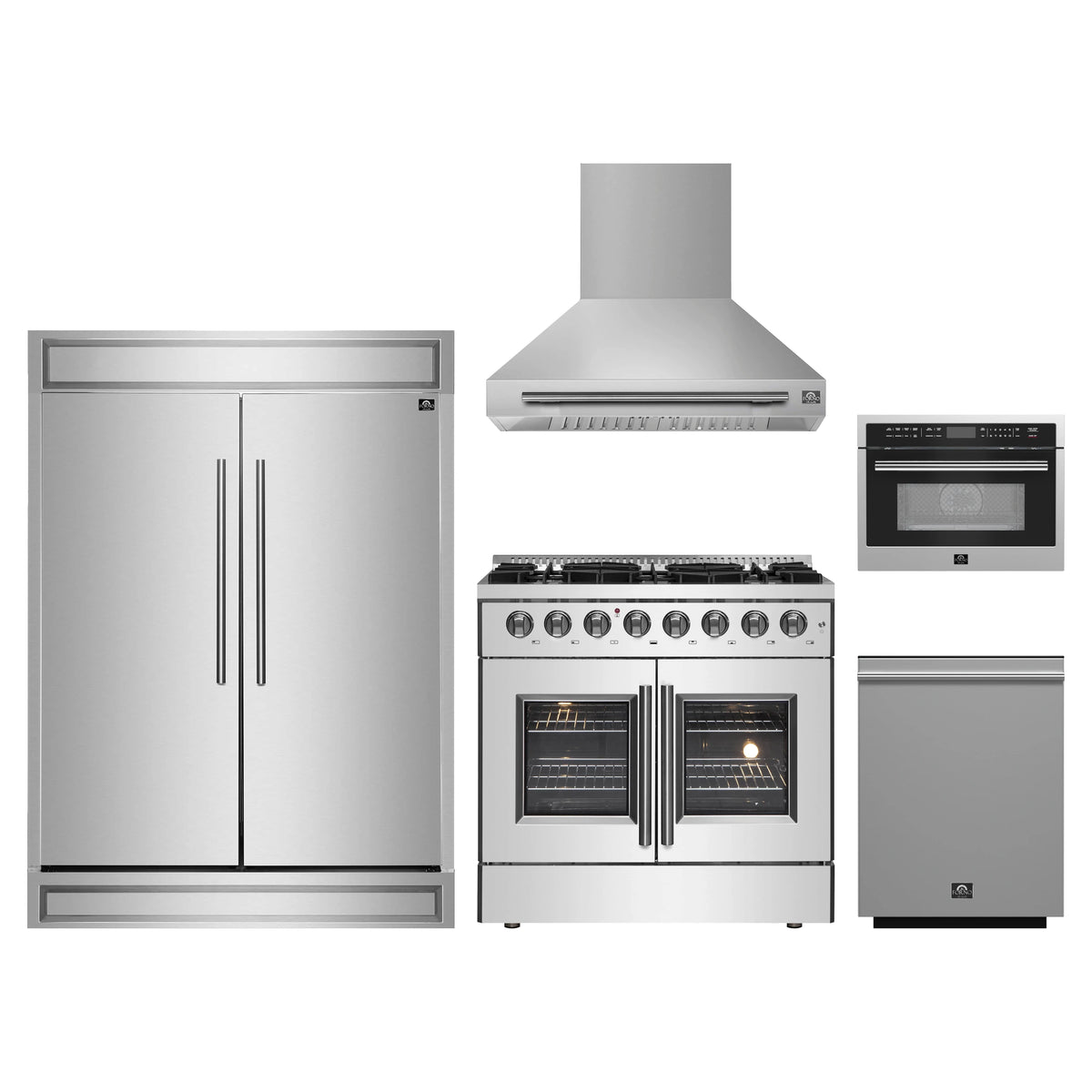 Forno 5-Piece Appliance Package - 36-Inch Galiano French Door Dual Fuel Range, Wall Mount Range Hood, 60-Inch Refrigerator, Dishwasher, and 24-Inch Microwave Oven in Stainless Steel