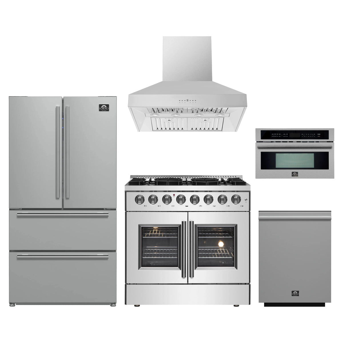 Forno 5-Piece Appliance Package - 36-Inch Galiano French Door Dual Fuel Range, Wall Mount Range Hood, 36-Inch Refrigerator, Dishwasher, and 30-Inch Microwave Oven in Stainless Steel