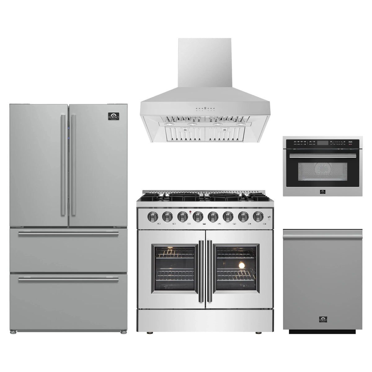 Forno 5-Piece Appliance Package - 36-Inch Galiano French Door Dual Fuel Range, Wall Mount Range Hood, 36-Inch Refrigerator, Dishwasher, and 24-Inch Microwave Oven in Stainless Steel