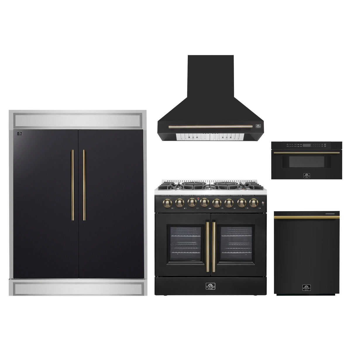 Forno 5-Piece Appliance Package - 36-Inch Galiano French Door Dual Fuel Range, Wall Mount Range Hood, 60-Inch Refrigerator, Dishwasher, and 30-Inch Microwave Drawer in Black with Antique Brass Trim