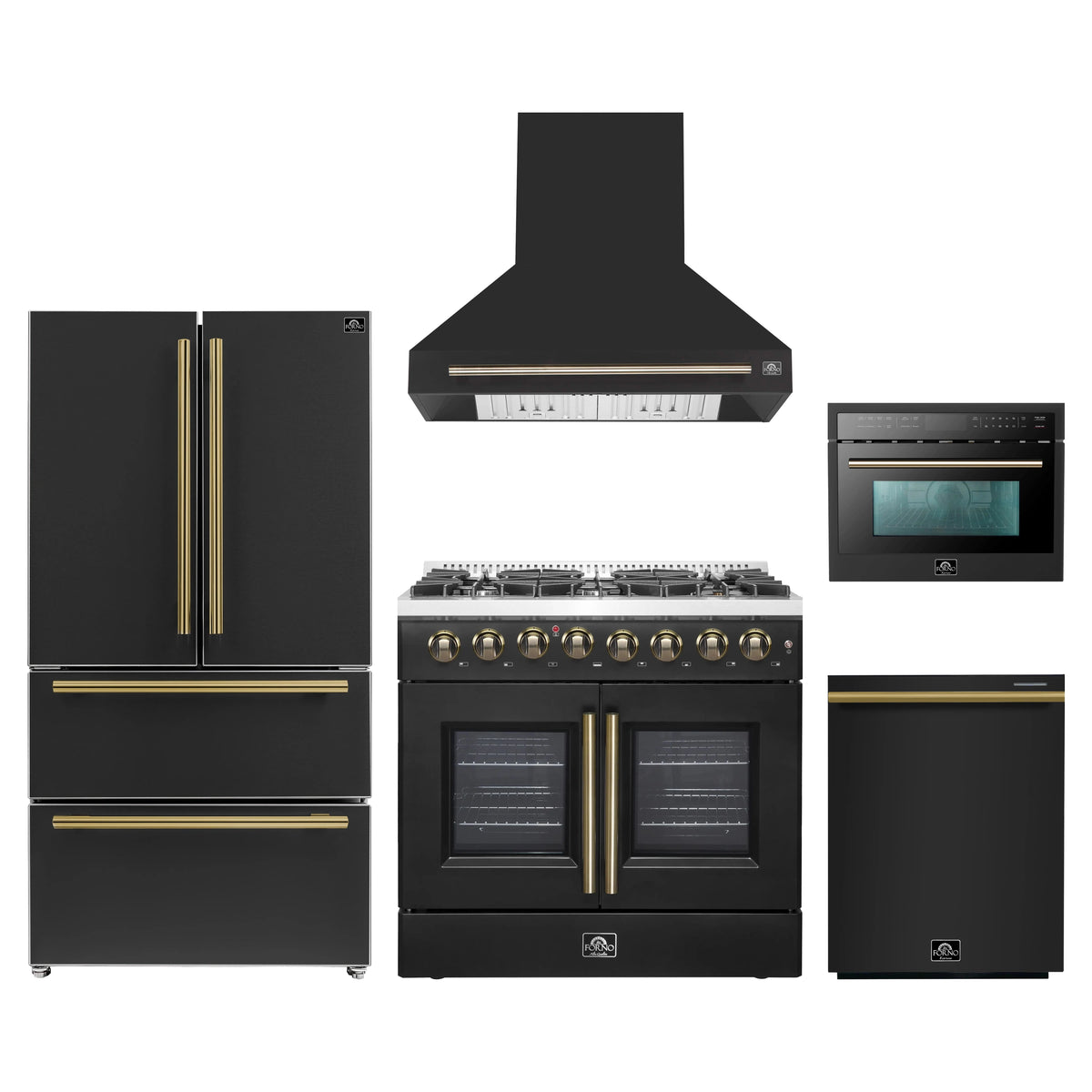 Forno 5-Piece Appliance Package - 36-Inch Galiano French Door Dual Fuel Range, Wall Mount Range Hood, 36-Inch Refrigerator, Dishwasher, and 24-Inch Microwave Oven in Black with Antique Brass Trim