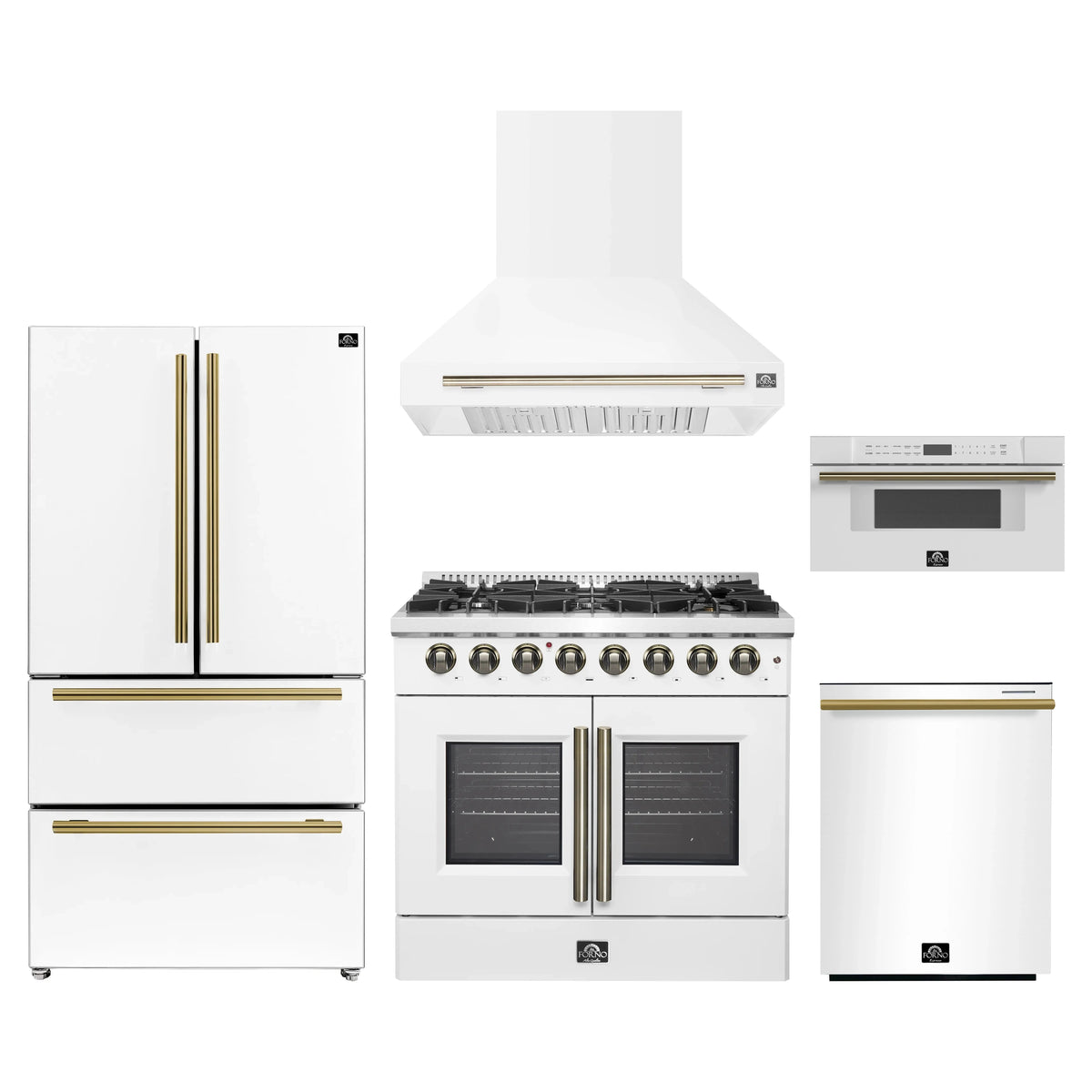 Forno 5-Piece Appliance Package - 36-Inch Galiano French Door Dual Fuel Range, Wall Mount Range Hood, 36-Inch Refrigerator, Dishwasher, and 30-Inch Microwave Drawer in White with Antique Brass Trim