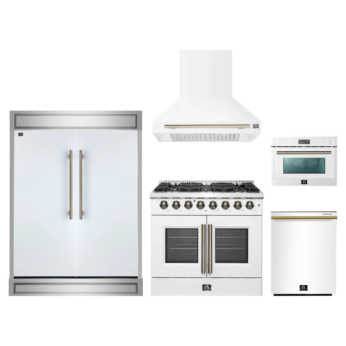 Forno 5-Piece Appliance Package - 36-Inch Galiano French Door Dual Fuel Range, Wall Mount Range Hood, 60-Inch Refrigerator, Dishwasher, and 24-Inch Microwave Oven in White with Antique Brass Trim