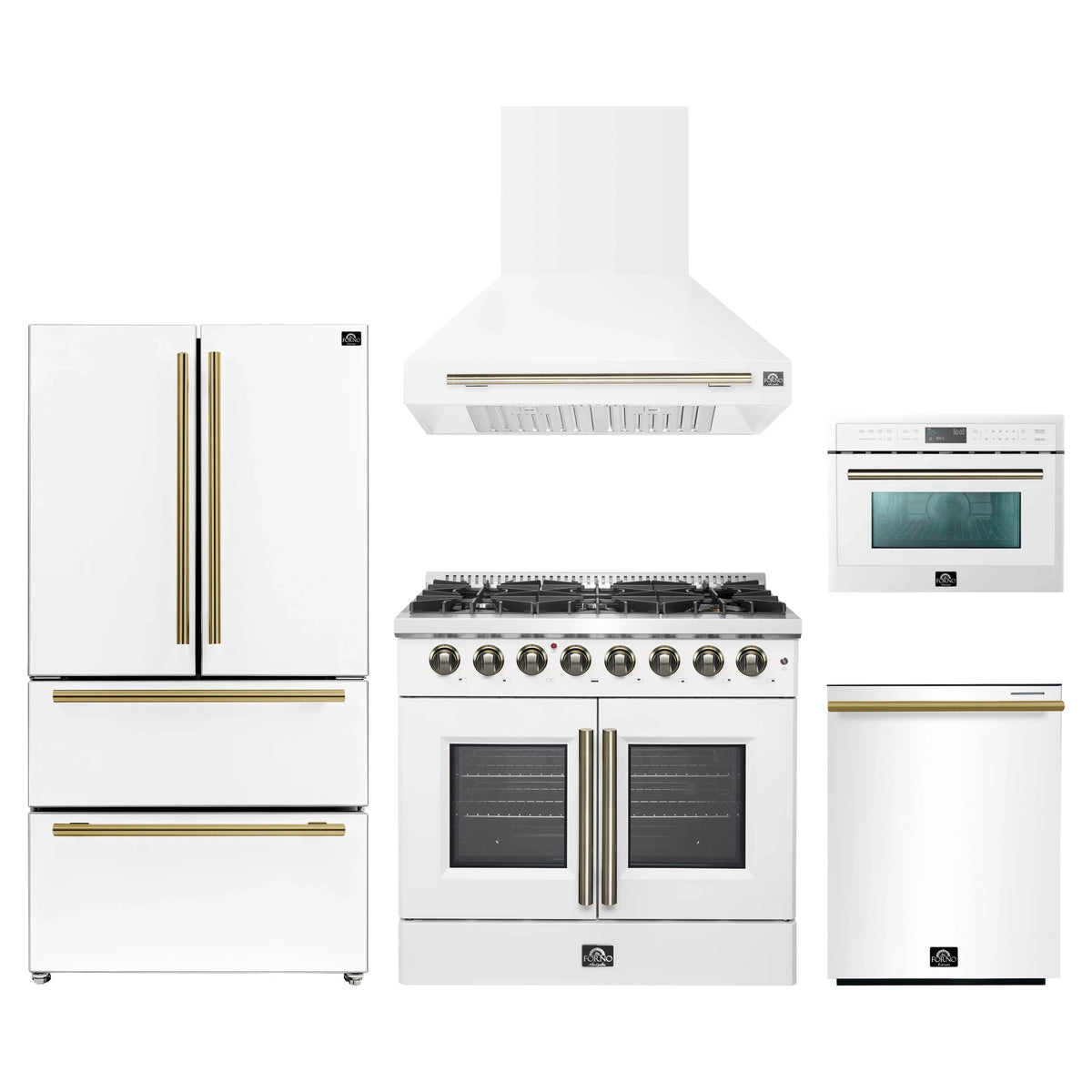 Forno 5-Piece Appliance Package - 36-Inch Galiano French Door Dual Fuel Range, Wall Mount Range Hood, 36-Inch Refrigerator, Dishwasher, and 24-Inch Microwave Oven in White with Antique Brass Trim