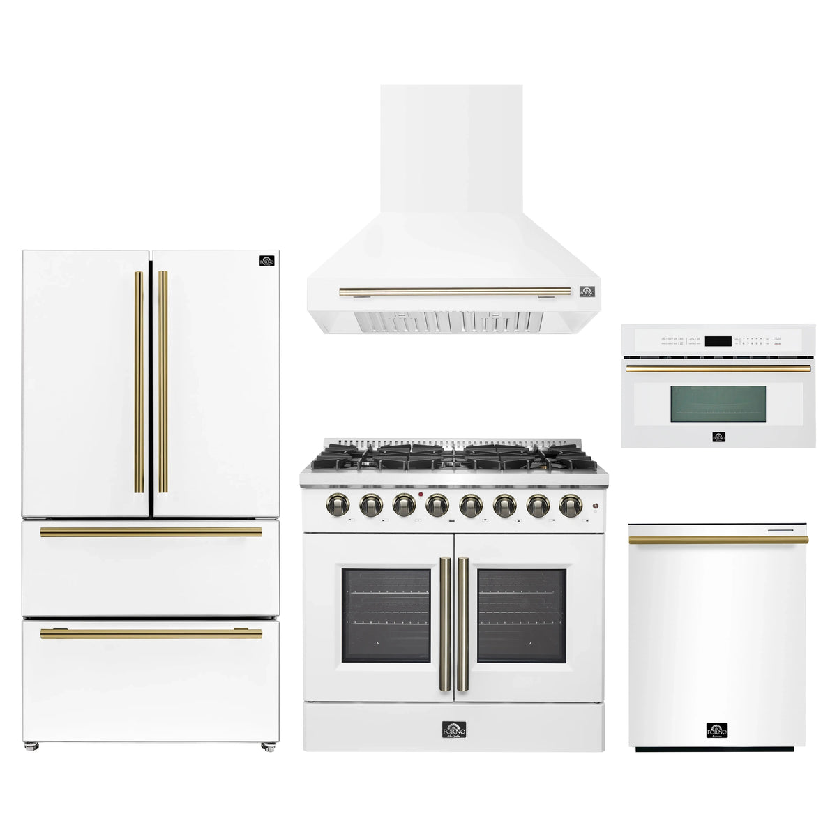 Forno 5-Piece Appliance Package - 36-Inch Galiano French Door Dual Fuel Range, Wall Mount Range Hood, 36-Inch Refrigerator, Dishwasher, and 30-Inch Microwave Oven in White with Antique Brass Trim