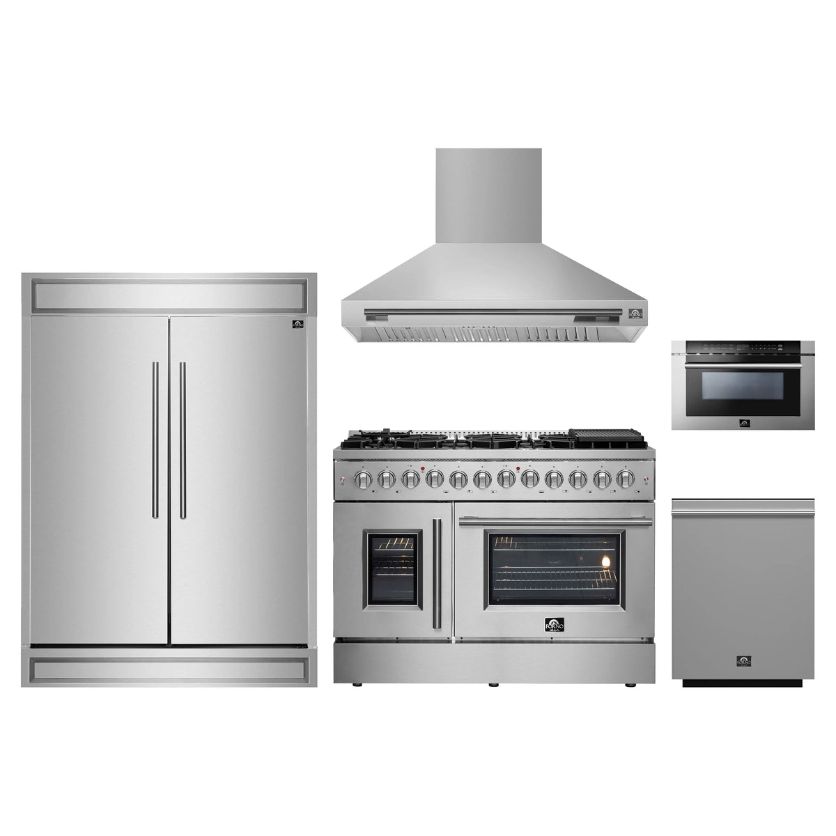 Forno 5-Piece Appliance Package - 48-Inch Galiano French Door Dual Fuel Range, Wall Mount Range Hood, 60-Inch Refrigerator, Dishwasher, and 24-Inch Microwave Drawer in Stainless Steel