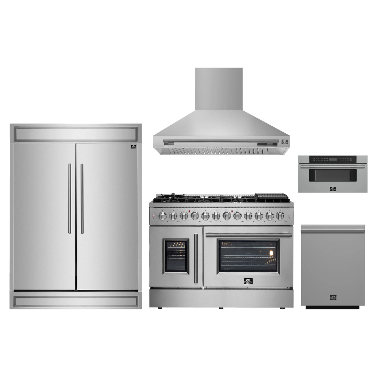 Forno 5-Piece Appliance Package - 48-Inch Galiano French Door Dual Fuel Range, Wall Mount Range Hood, 60-Inch Refrigerator, Dishwasher, and 30-Inch Microwave Drawer in Stainless Steel