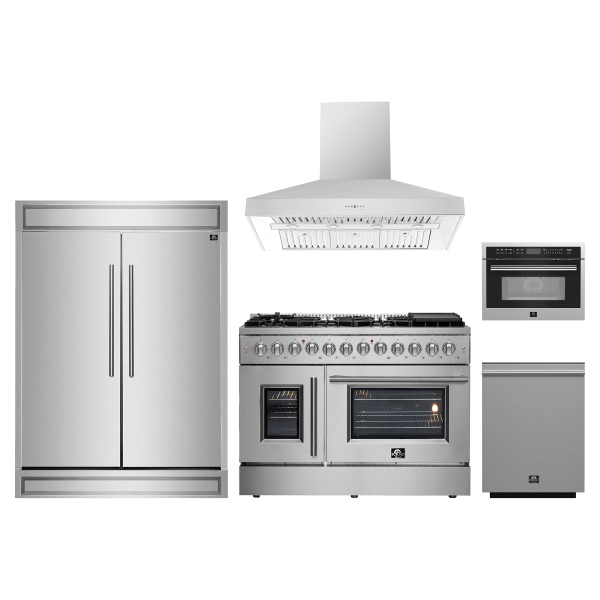 Forno 5-Piece Appliance Package - 48-Inch Galiano French Door Dual Fuel Range, Wall Mount Range Hood, 60-Inch Refrigerator, Dishwasher, and 24-Inch Microwave Oven in Stainless Steel
