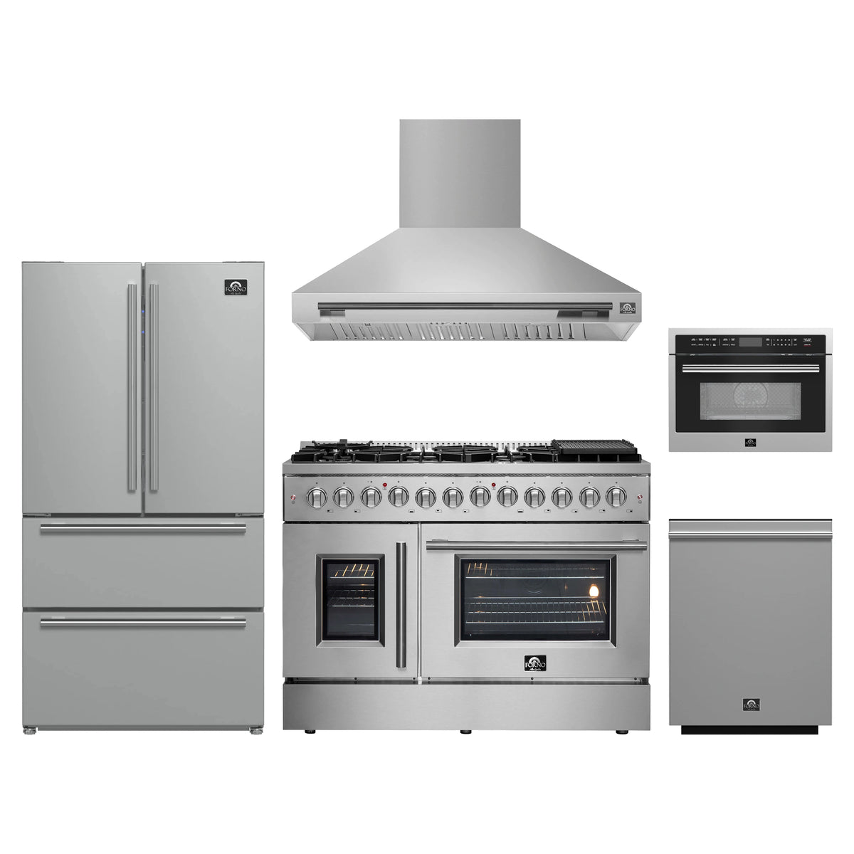 Forno 5-Piece Appliance Package - 48-Inch Galiano French Door Dual Fuel Range, Wall Mount Range Hood, 36-Inch Refrigerator, Dishwasher, and 24-Inch Microwave Oven in Stainless Steel