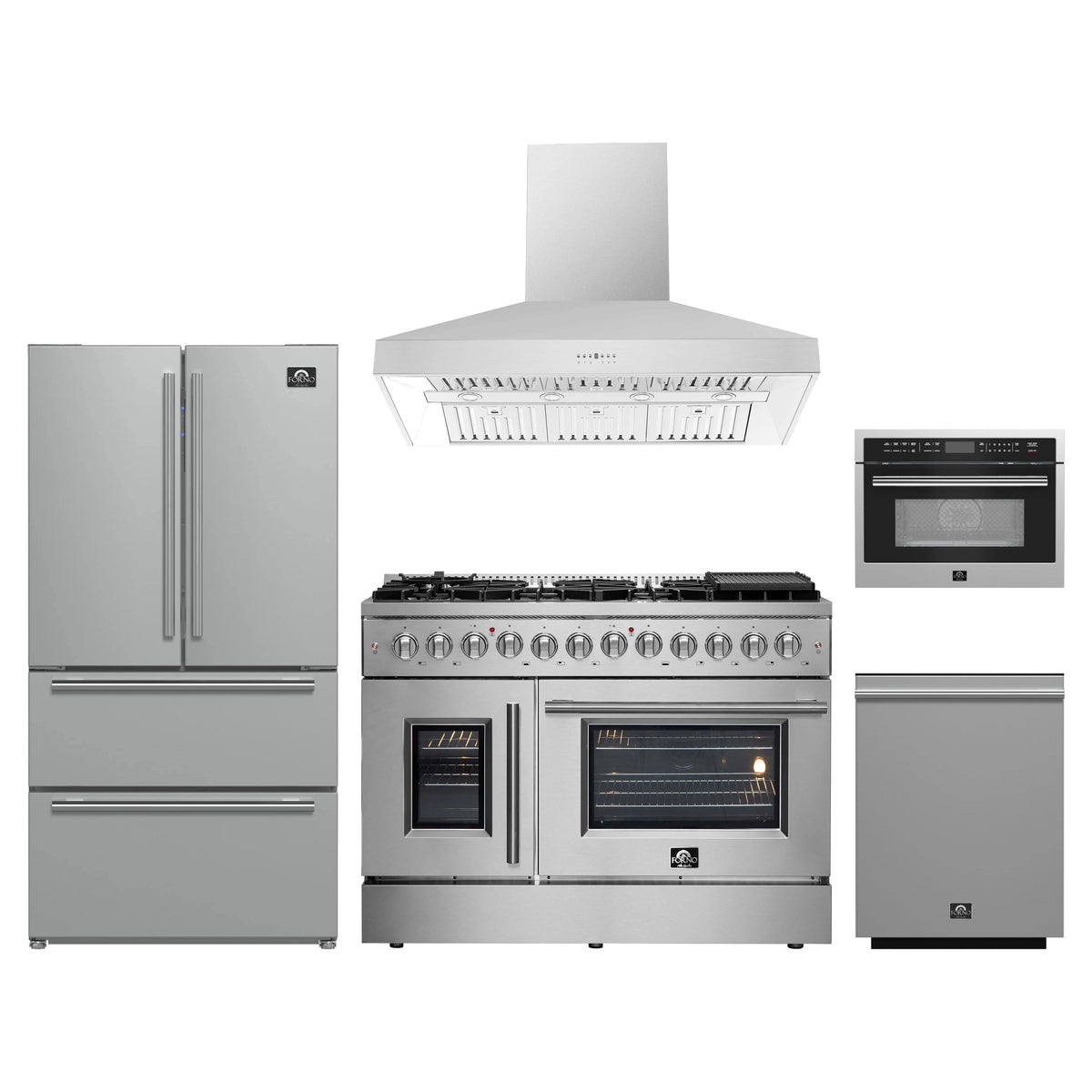Forno 5-Piece Appliance Package - 48-Inch Galiano French Door Dual Fuel Range, Wall Mount Range Hood, 36-Inch Refrigerator, Dishwasher, and 24-Inch Microwave Oven in Stainless Steel
